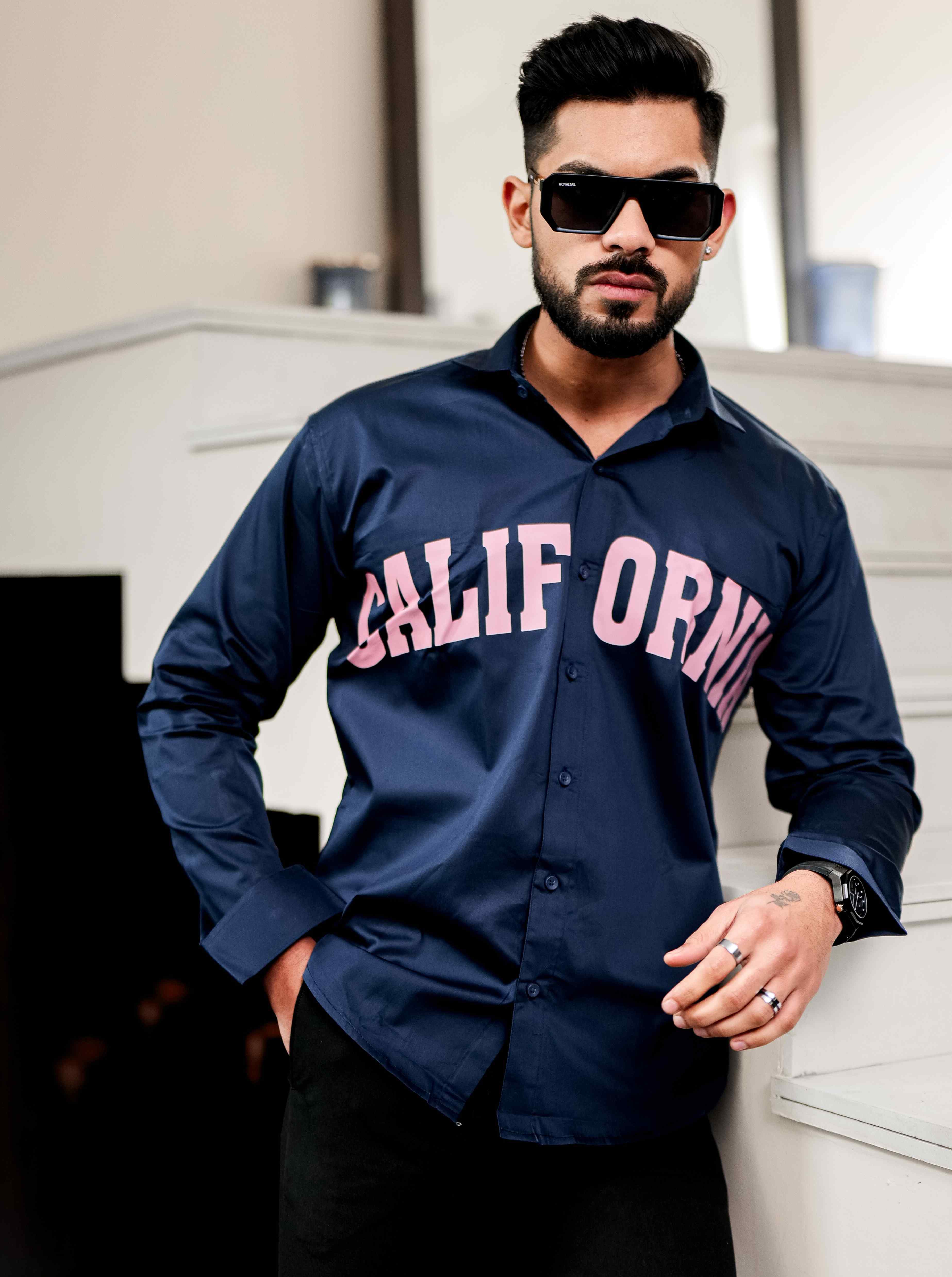 Navy Club Wear Printed Satin Cotton Shirt - Image 4
