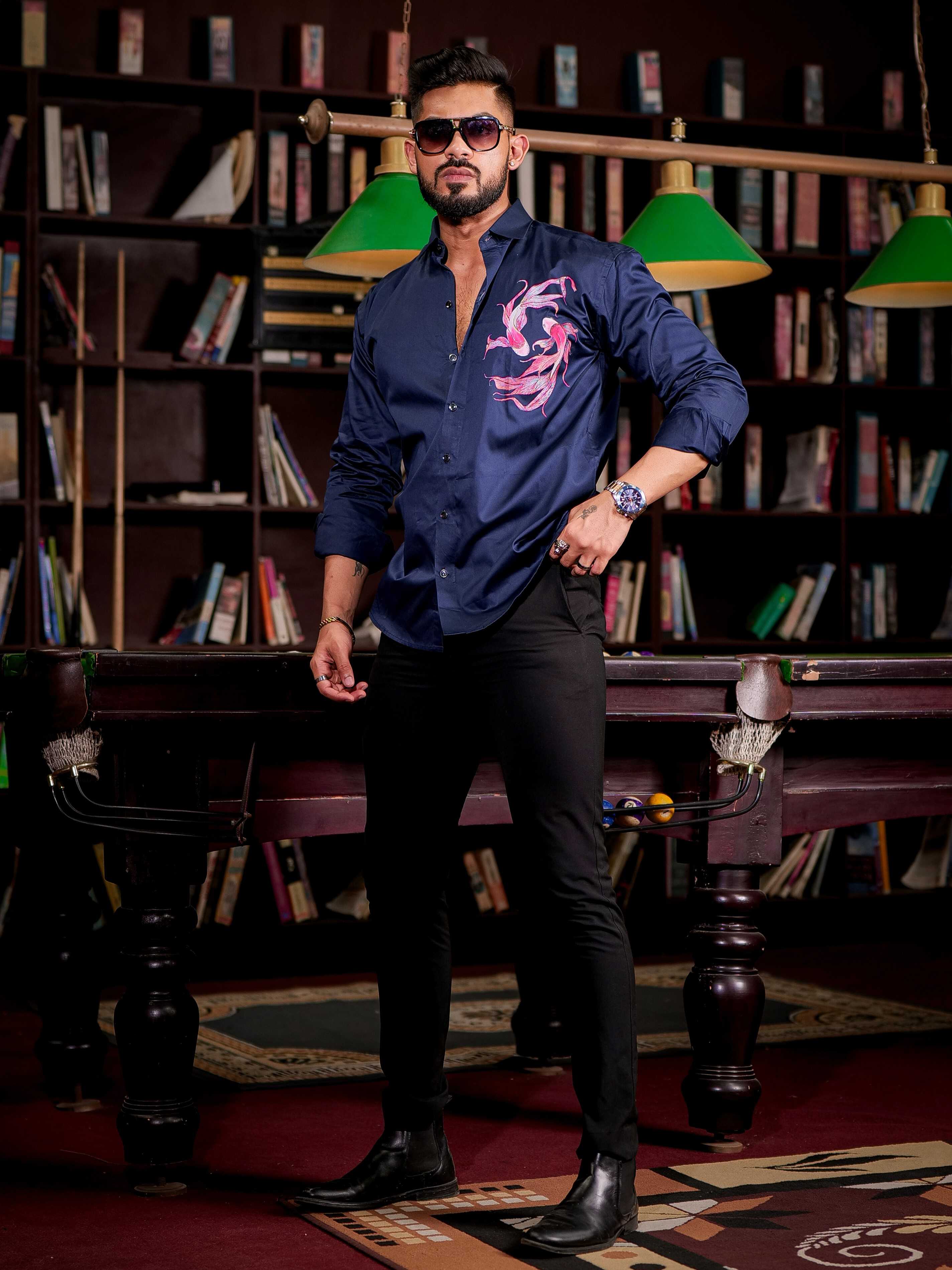 Navy Club Wear Printed Satin Cotton Shirt - Image 3