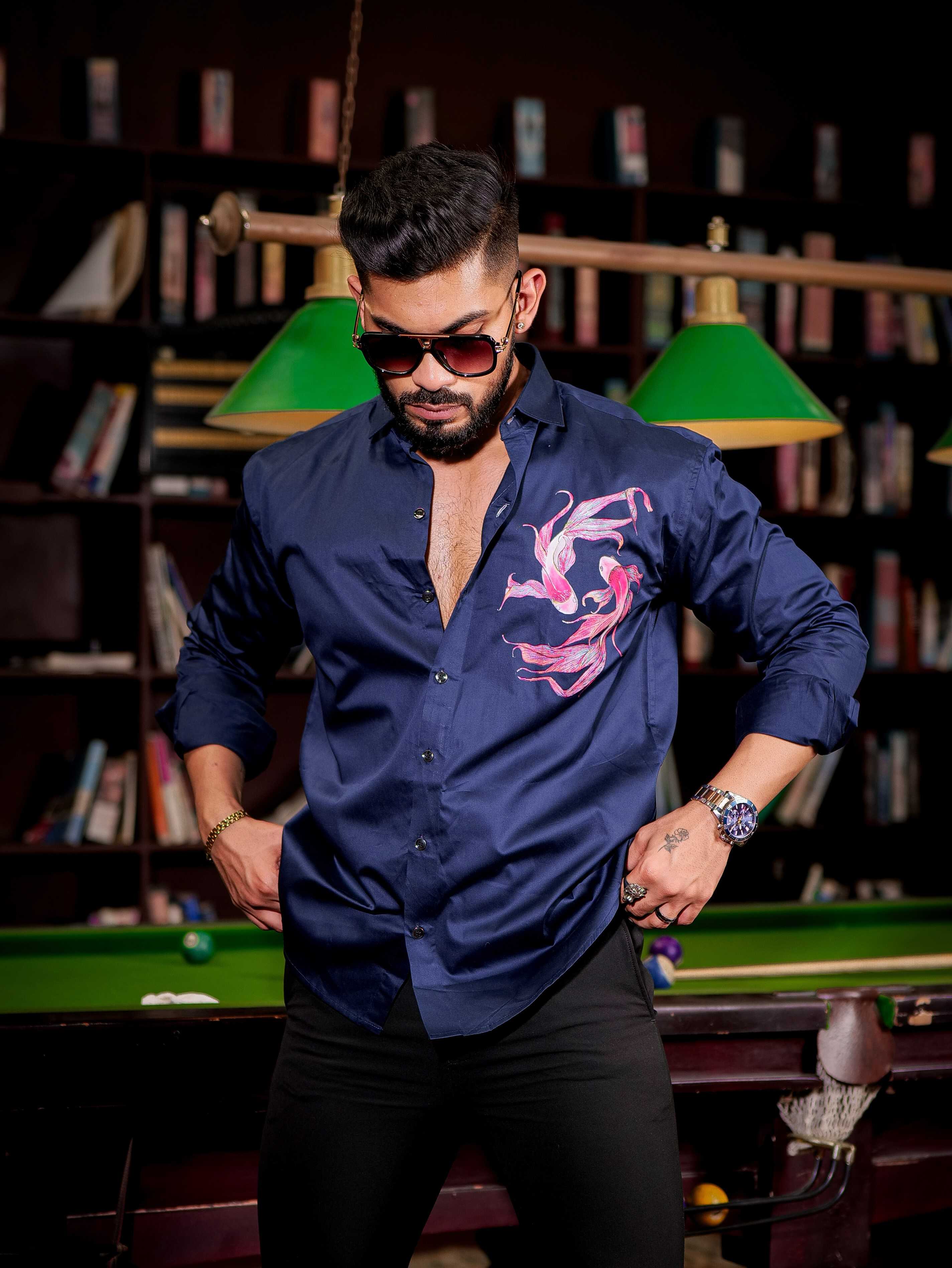 Navy Club Wear Printed Satin Cotton Shirt - Image 4