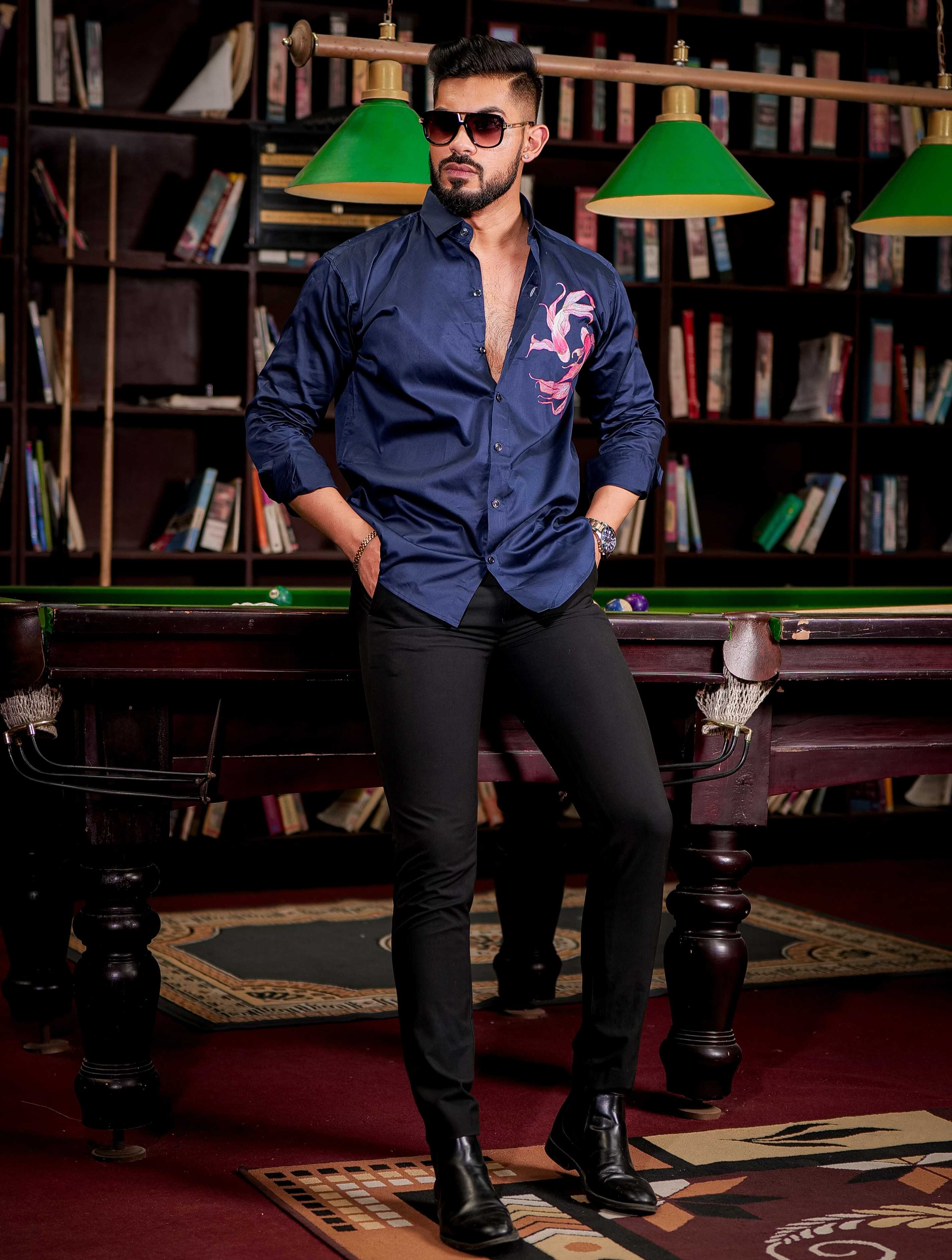 Navy Club Wear Printed Satin Cotton Shirt - Image 5