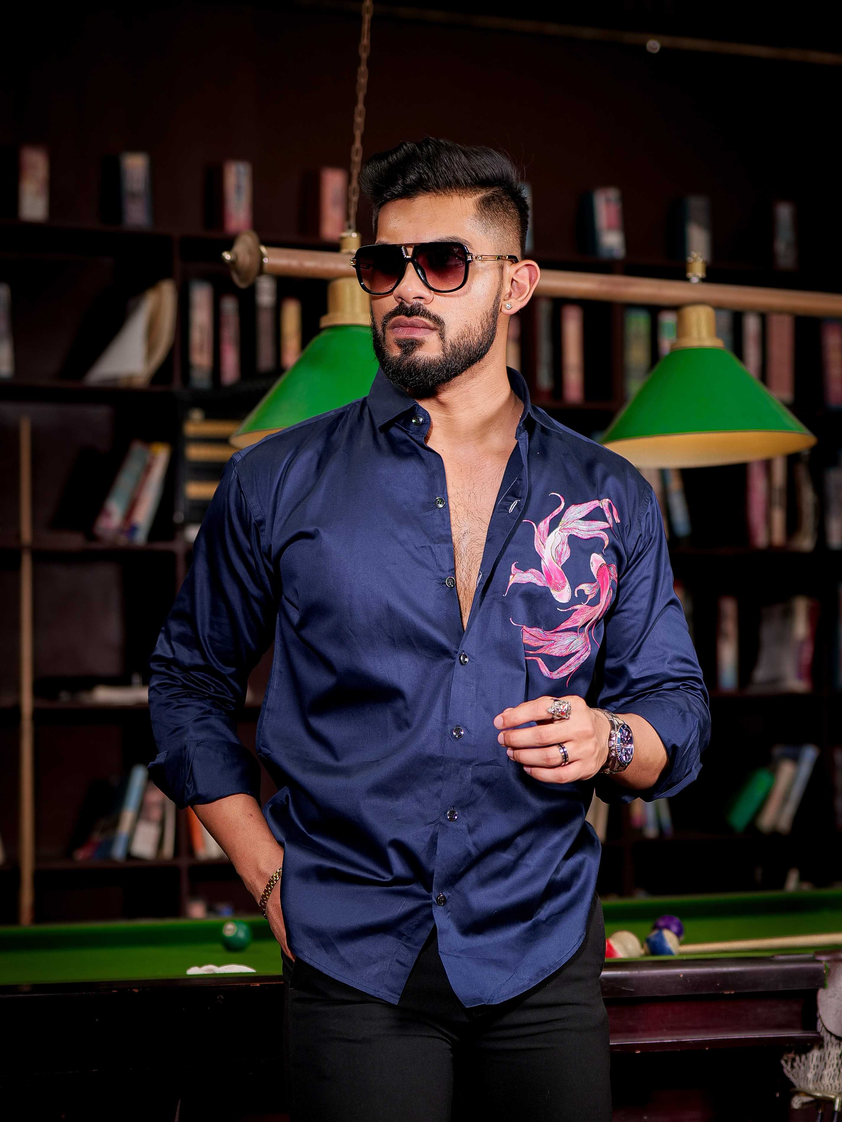 Navy Club Wear Printed Satin Cotton Shirt - Image 6