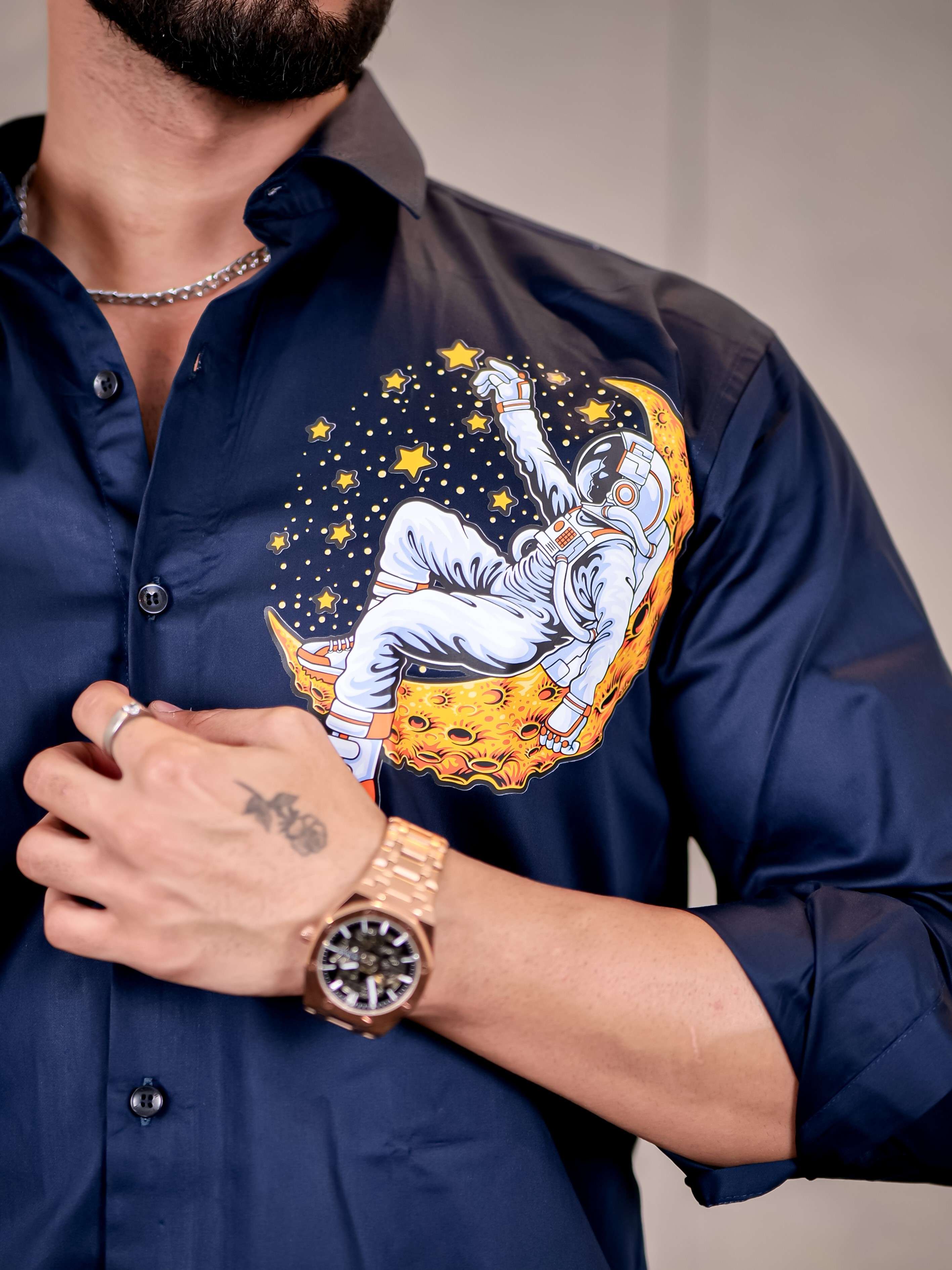 Navy Club Wear Star Space n Printed Satin Cotton Shirt - Image 2