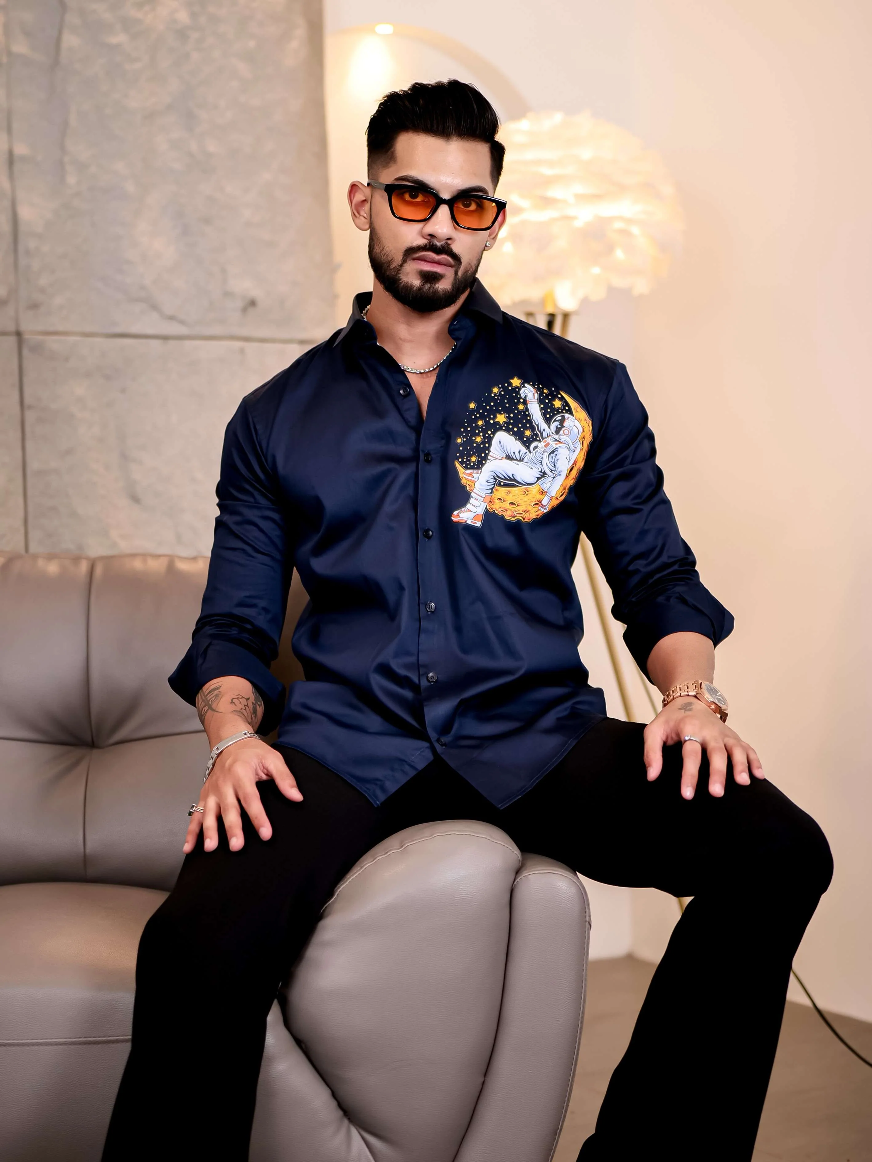 Navy Club Wear Star Space n Printed Satin Cotton Shirt - Image 3