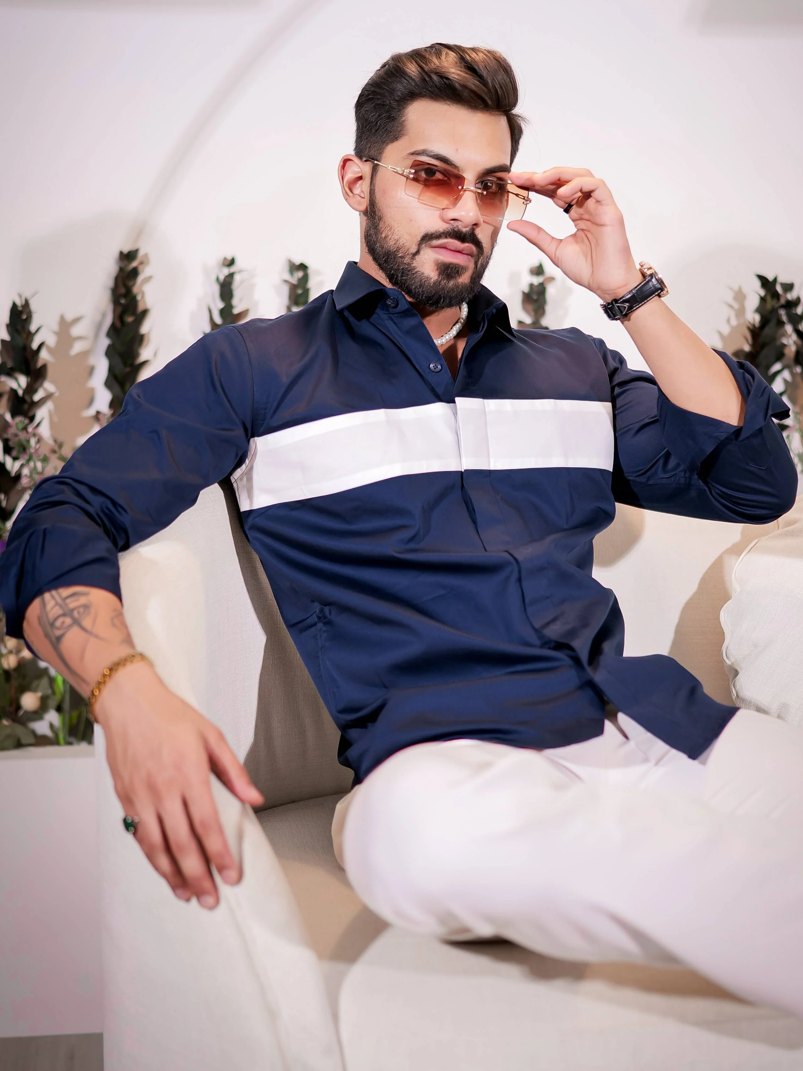 Navy Designer Club Wear Cut n Sew Satin Cotton Shirt - Image 3