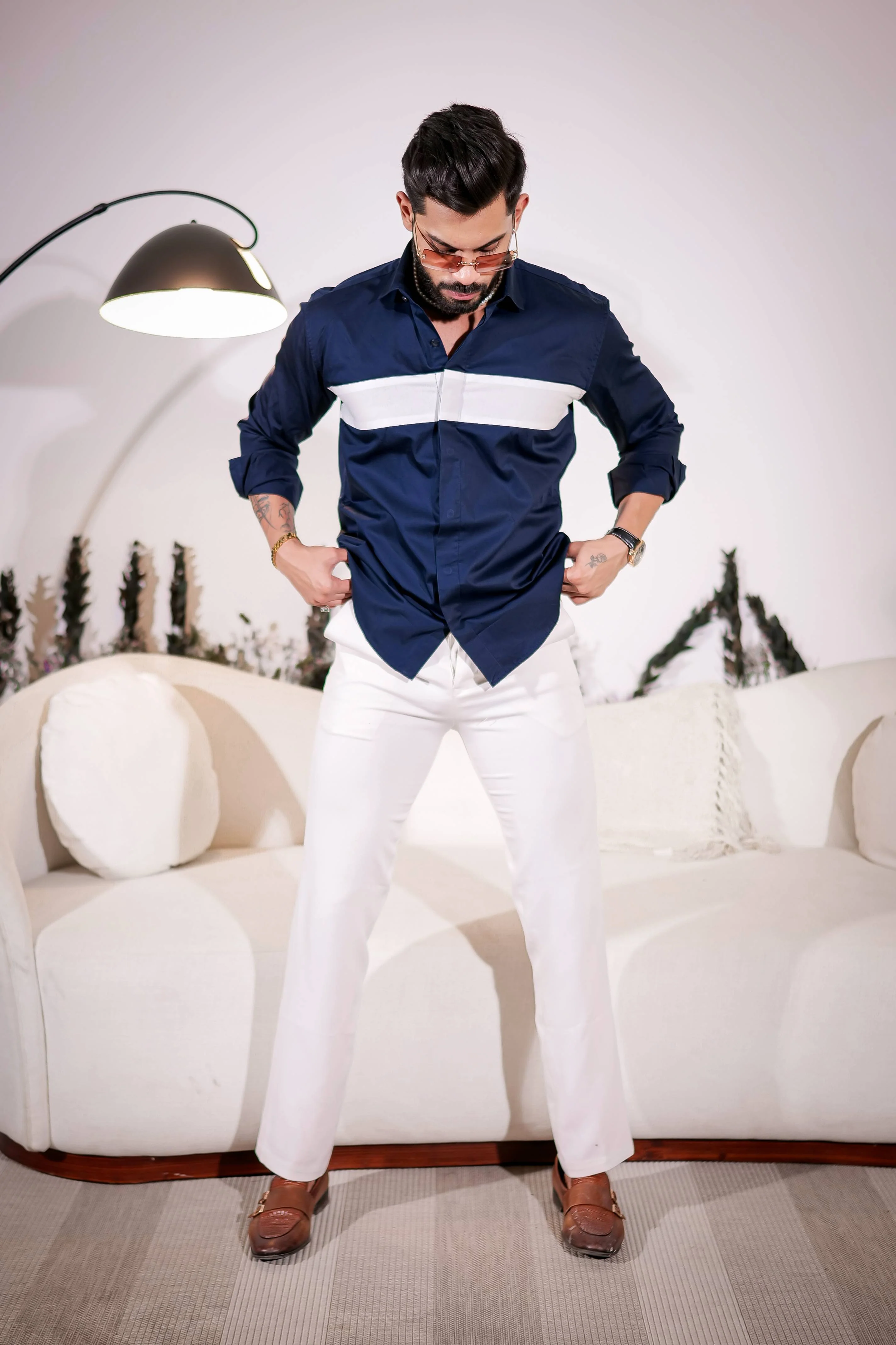 Navy Designer Club Wear Cut n Sew Satin Cotton Shirt - Image 5