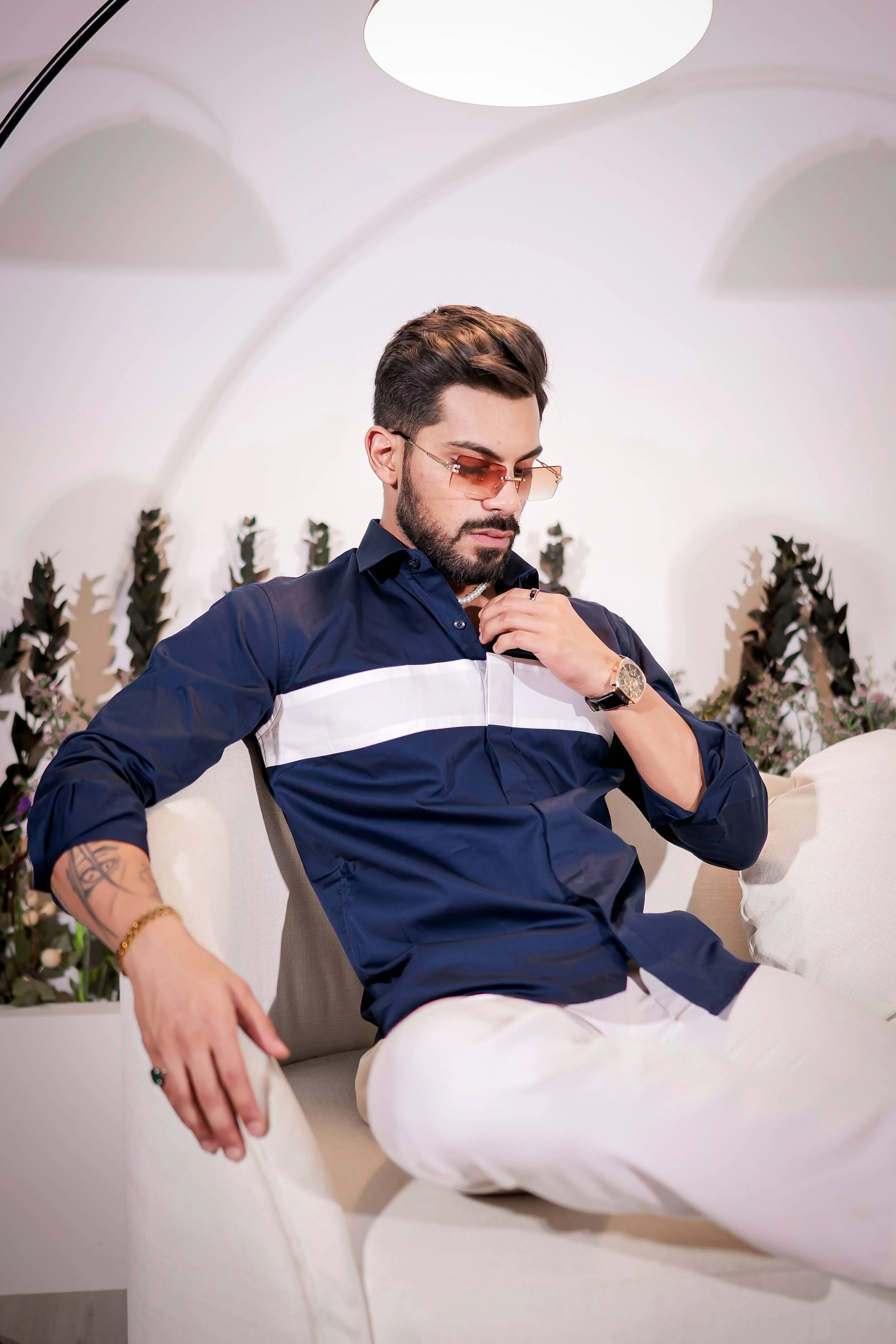 Navy Designer Club Wear Cut n Sew Satin Cotton Shirt - Image 6