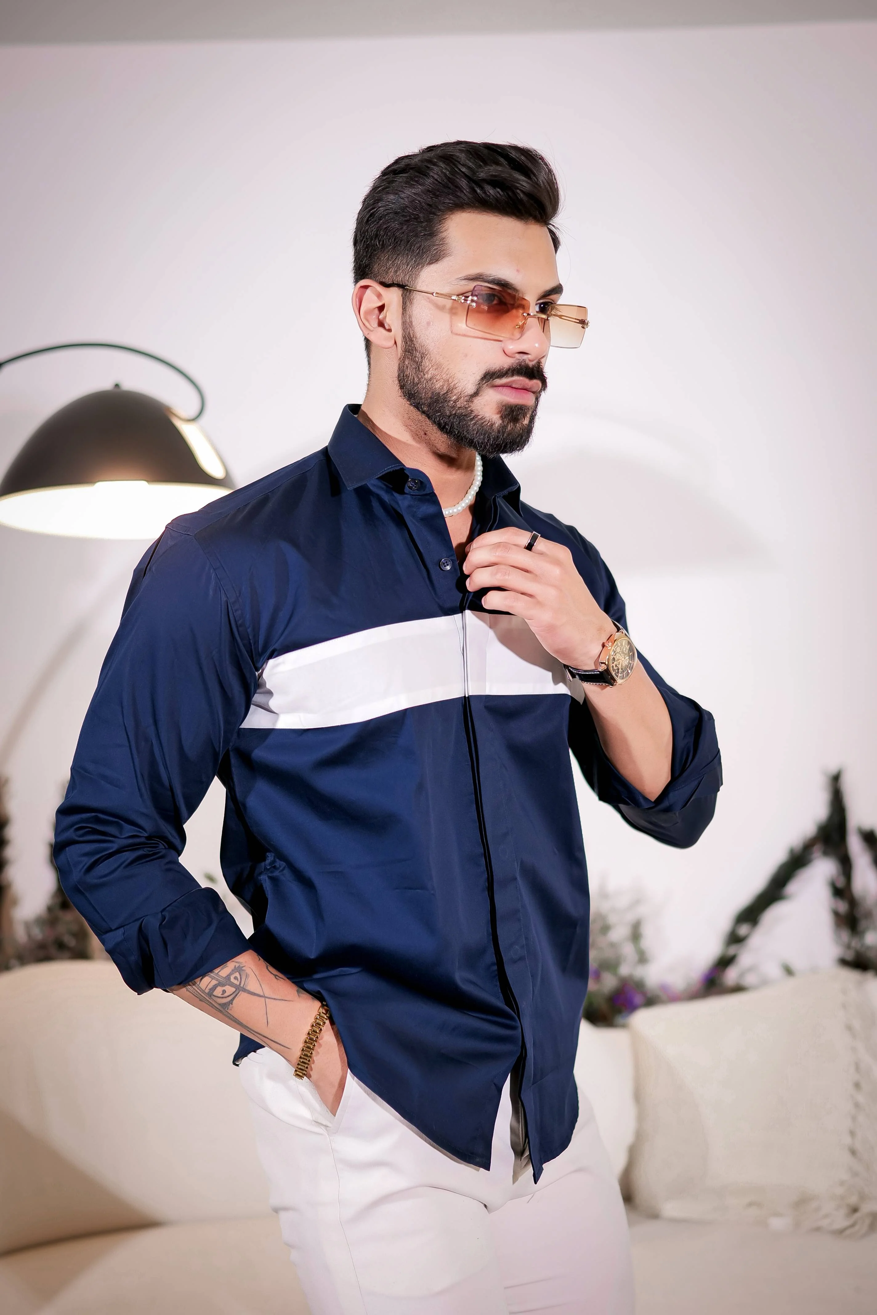 Navy Designer Club Wear Cut n Sew Satin Cotton Shirt - Image 7