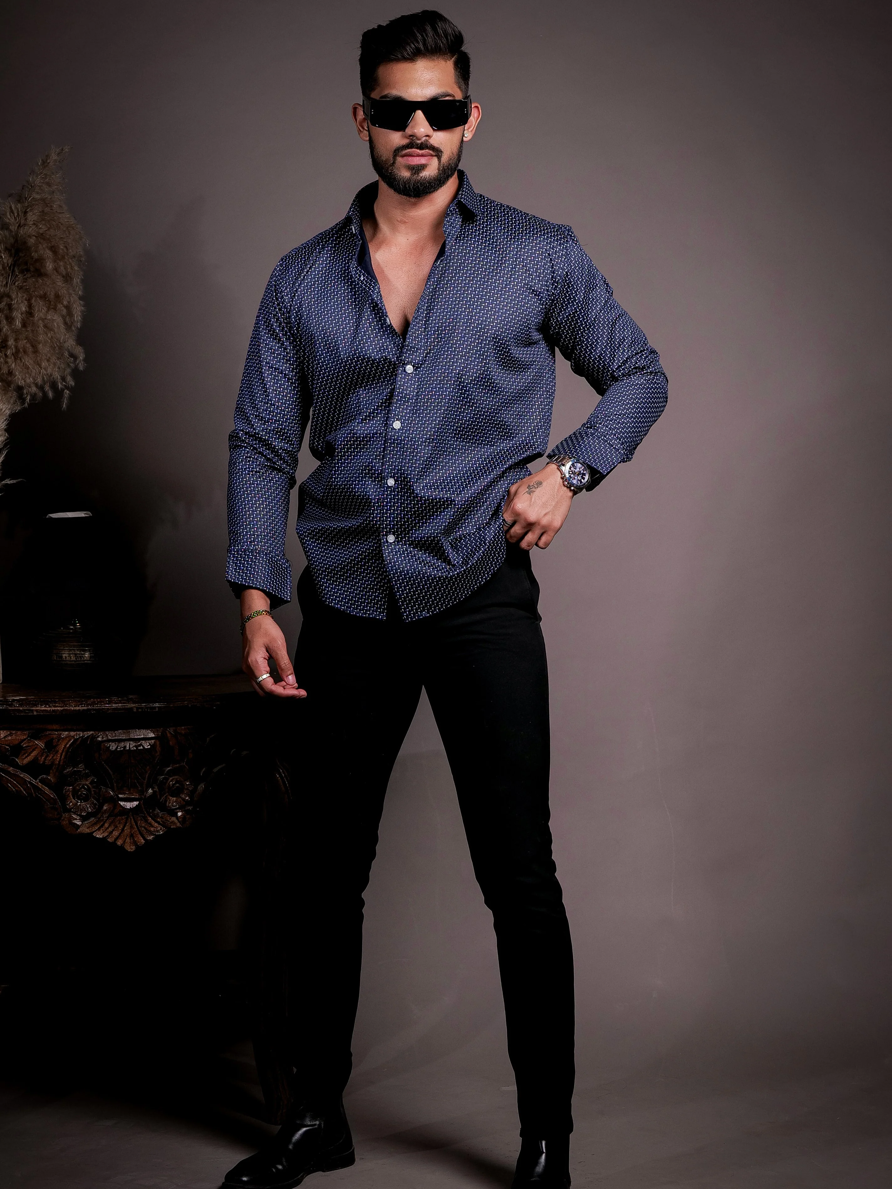 Navy Satin Cotton Print Premium Shirt - Image 3