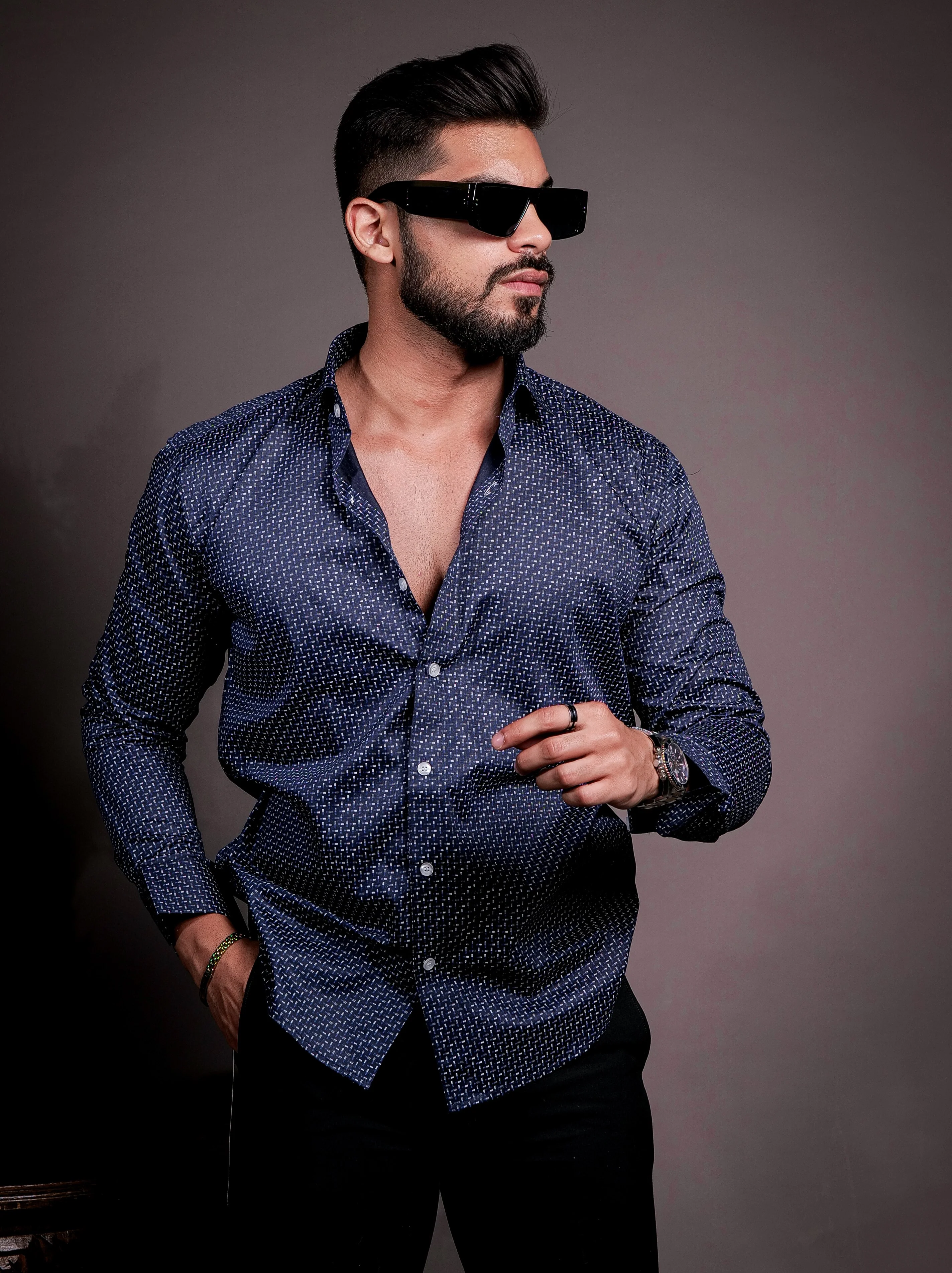 Navy Satin Cotton Print Premium Shirt - Image 5