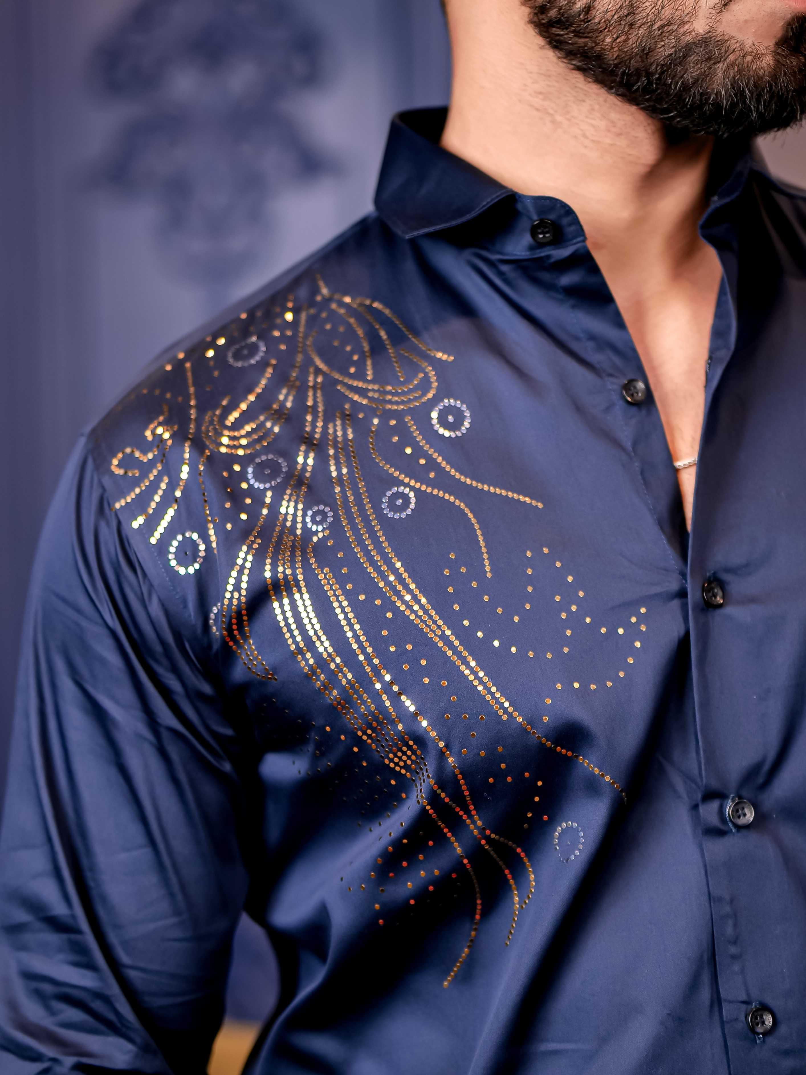 Navy Sequence Club Wear Satin Cotton Party Shirt - Image 2