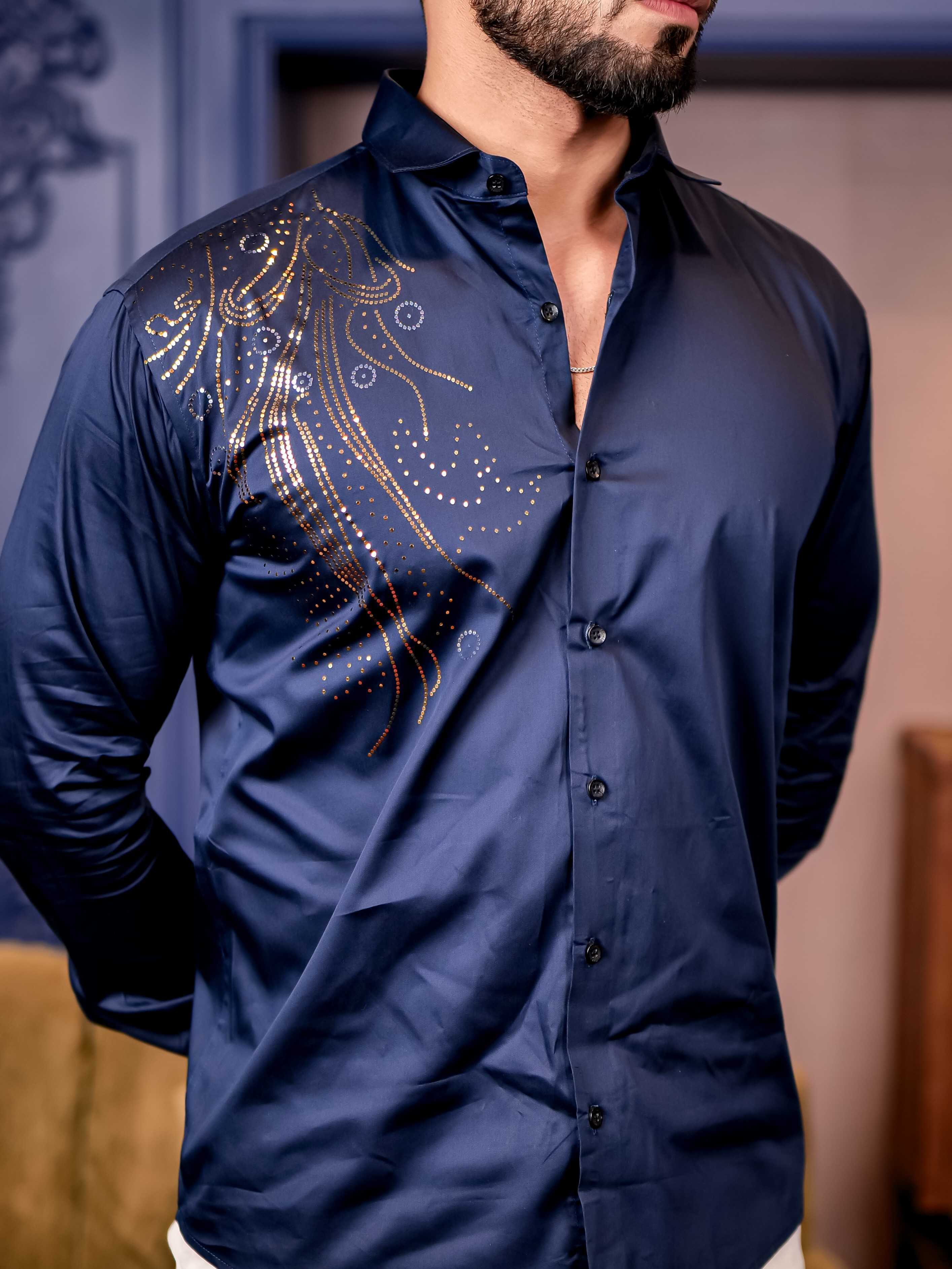 Navy Sequence Club Wear Satin Cotton Party Shirt - Image 3