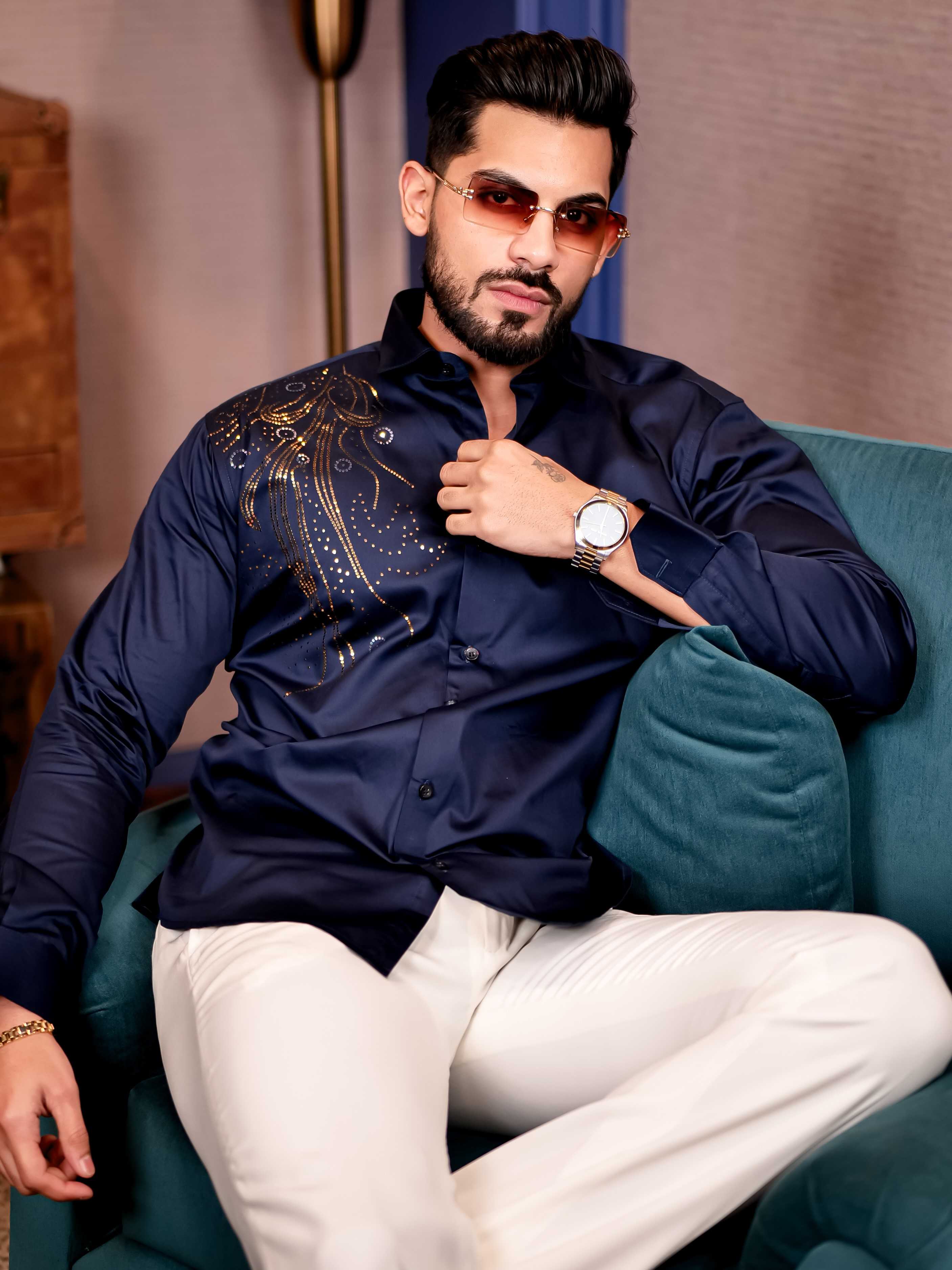 Navy Sequence Club Wear Satin Cotton Party Shirt - Image 4