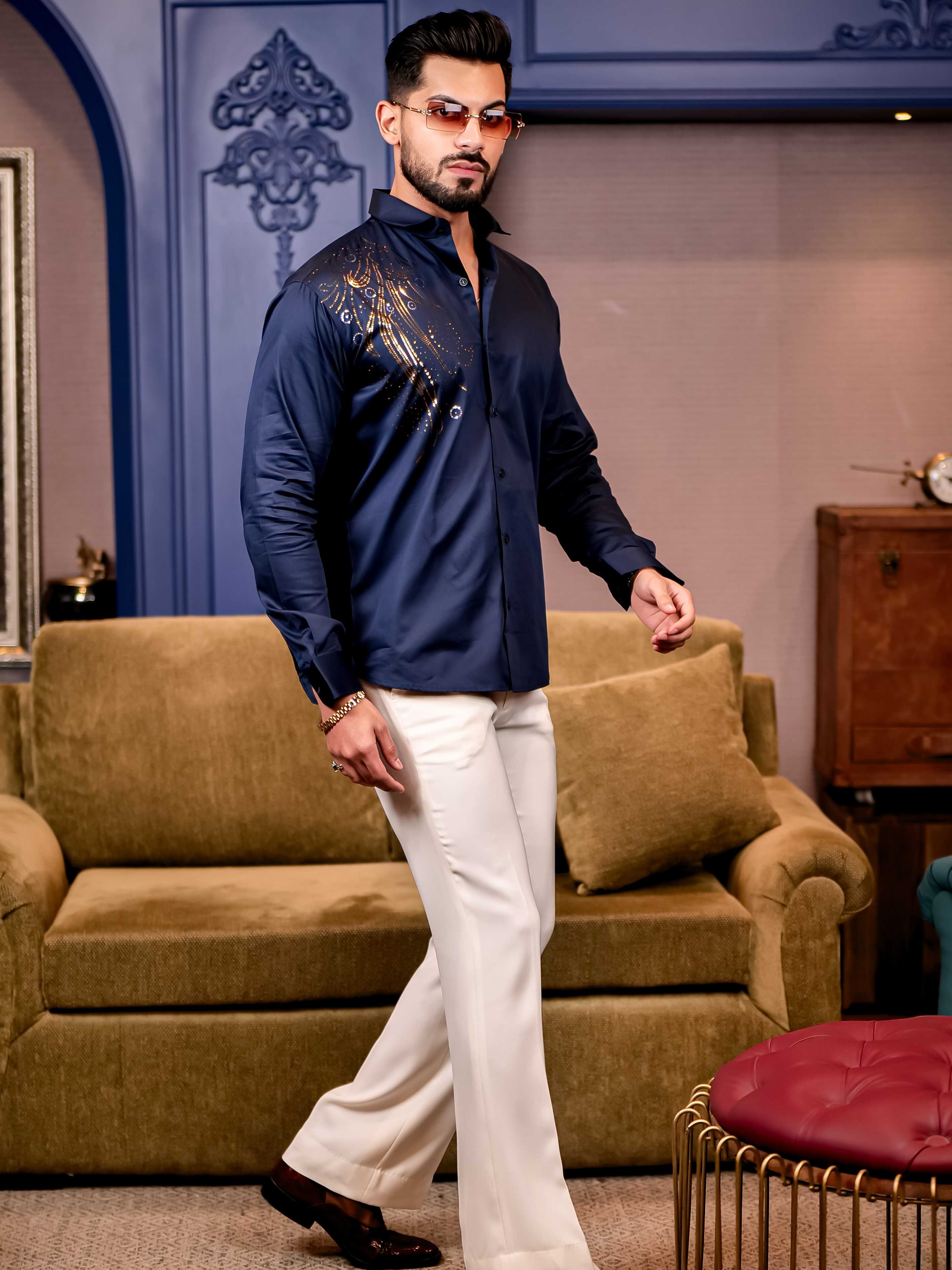 Navy Sequence Club Wear Satin Cotton Party Shirt - Image 7