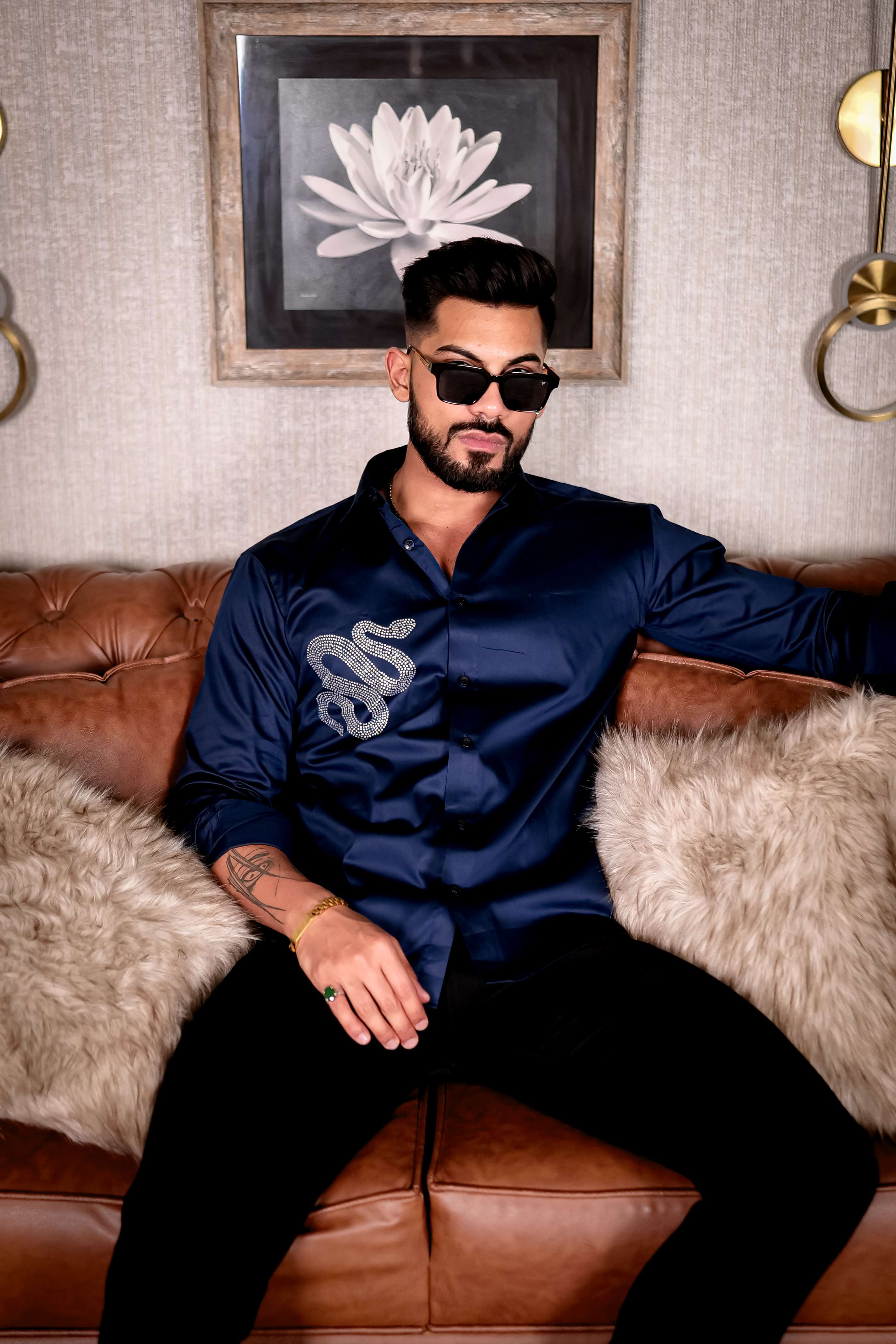 Navy Starry Beaded Club Wear Printed Satin Cotton Shirt - Image 10