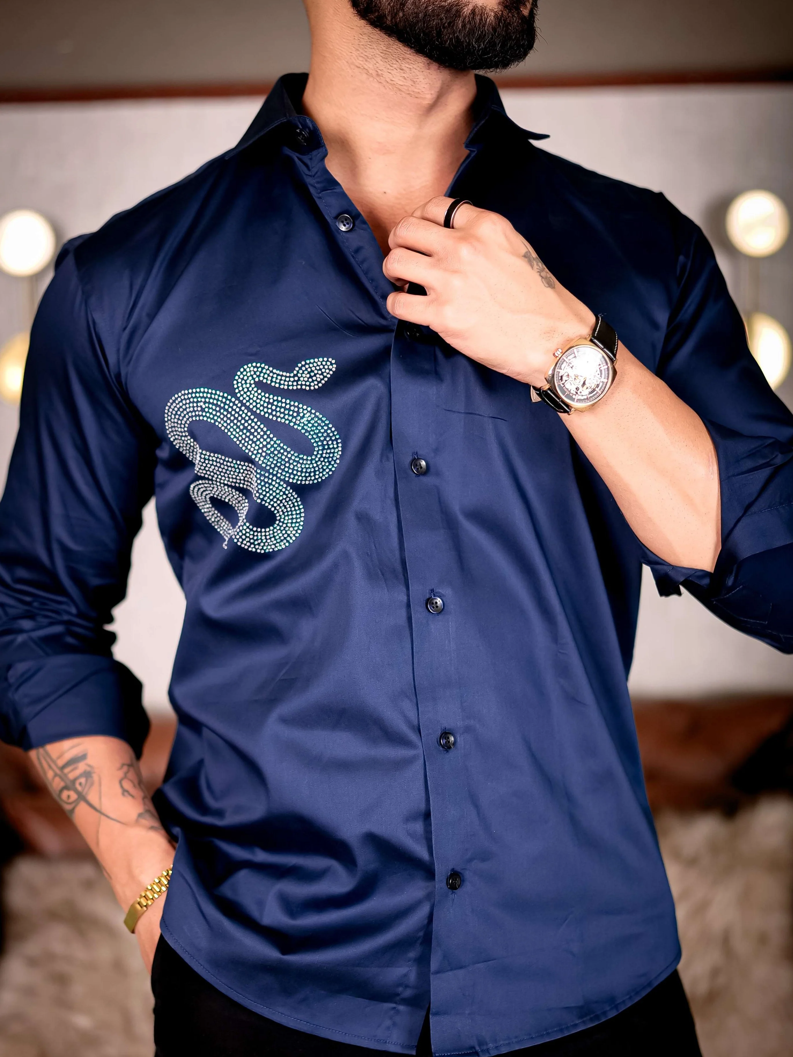 Navy Starry Beaded Club Wear Printed Satin Cotton Shirt - Image 2