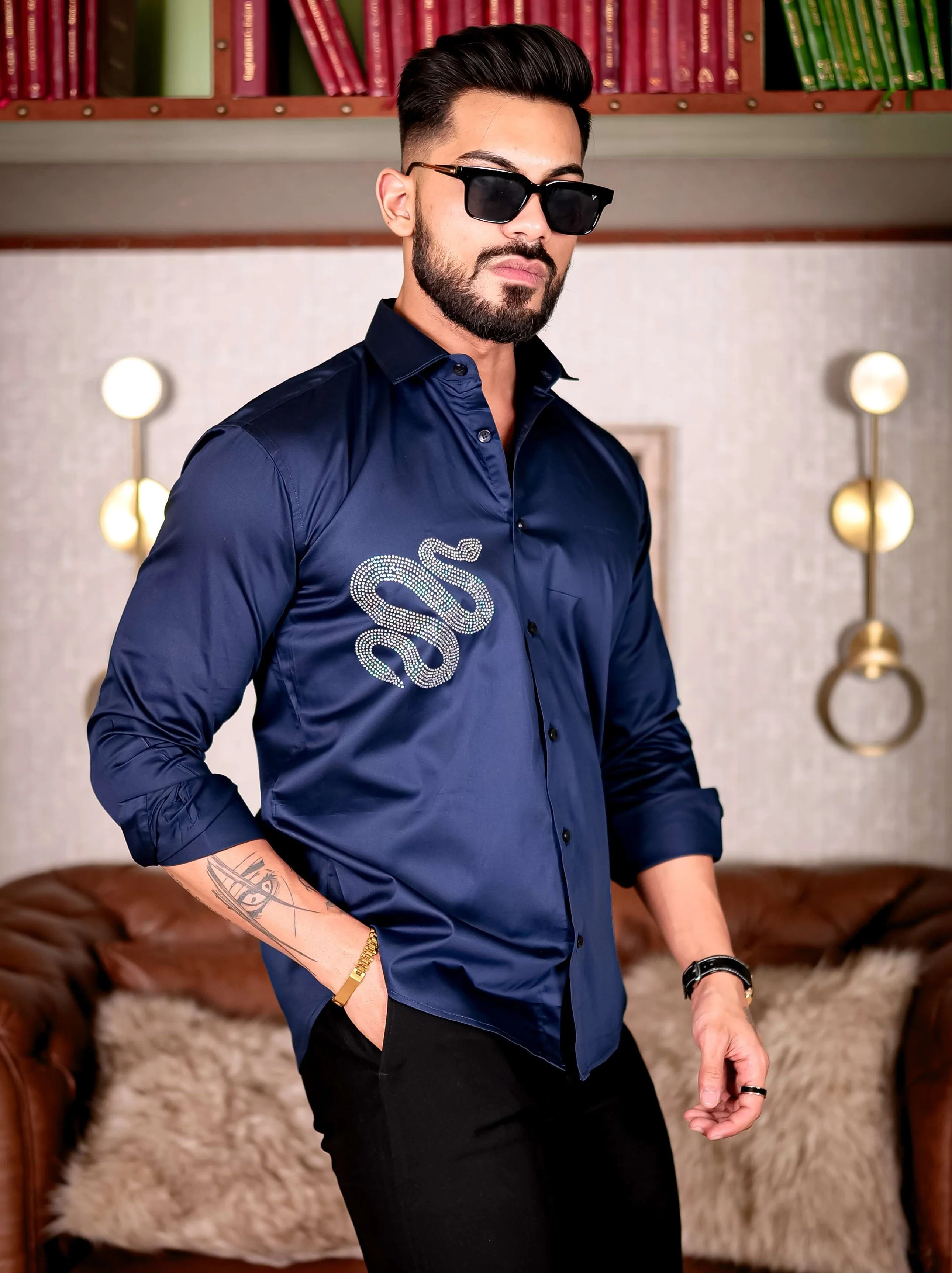Navy Starry Beaded Club Wear Printed Satin Cotton Shirt - Image 3