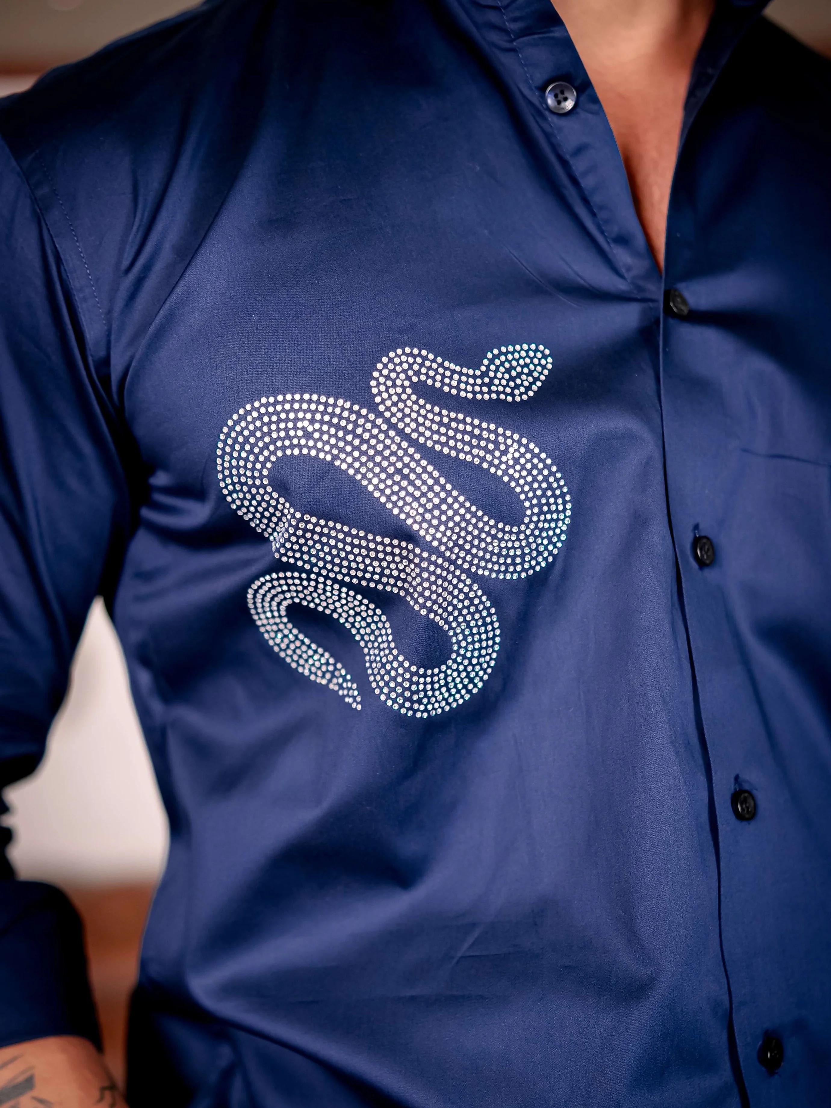 Navy Starry Beaded Club Wear Printed Satin Cotton Shirt - Image 4