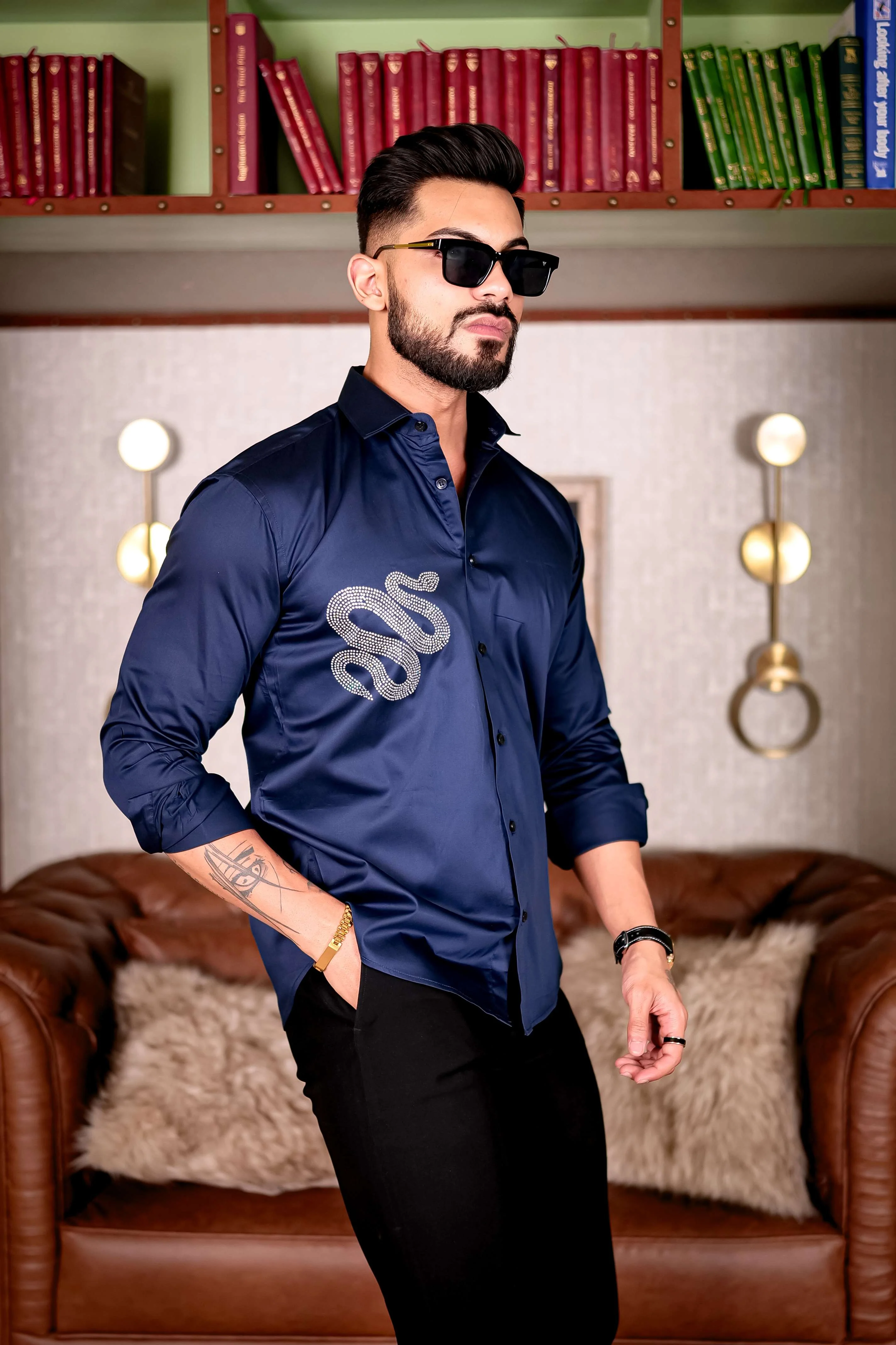 Navy Starry Beaded Club Wear Printed Satin Cotton Shirt - Image 7