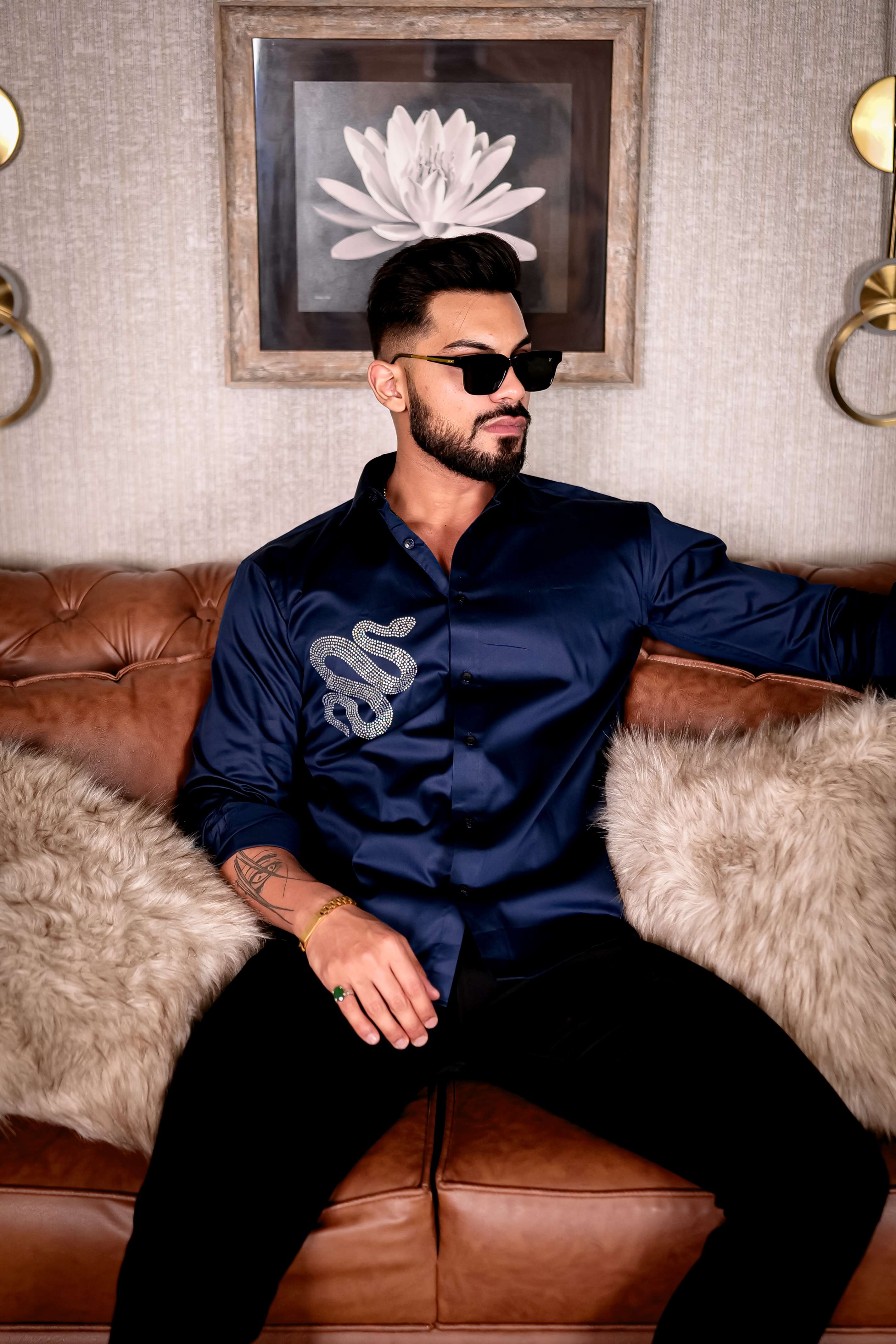Navy Starry Beaded Club Wear Printed Satin Cotton Shirt - Image 9