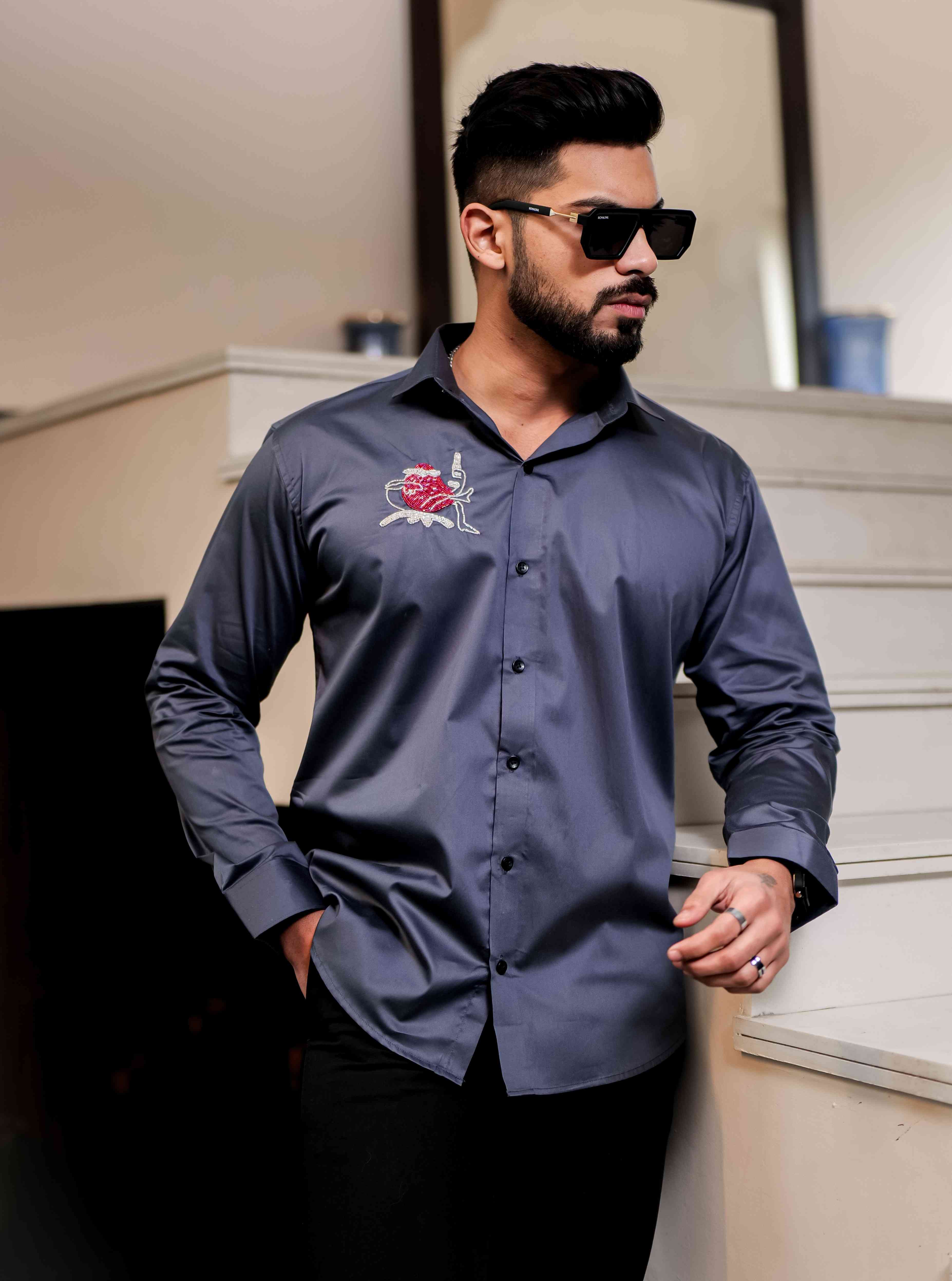 Darkgrey Heart Hand Work Party Satin Cotton Premium Shirt - Image 6