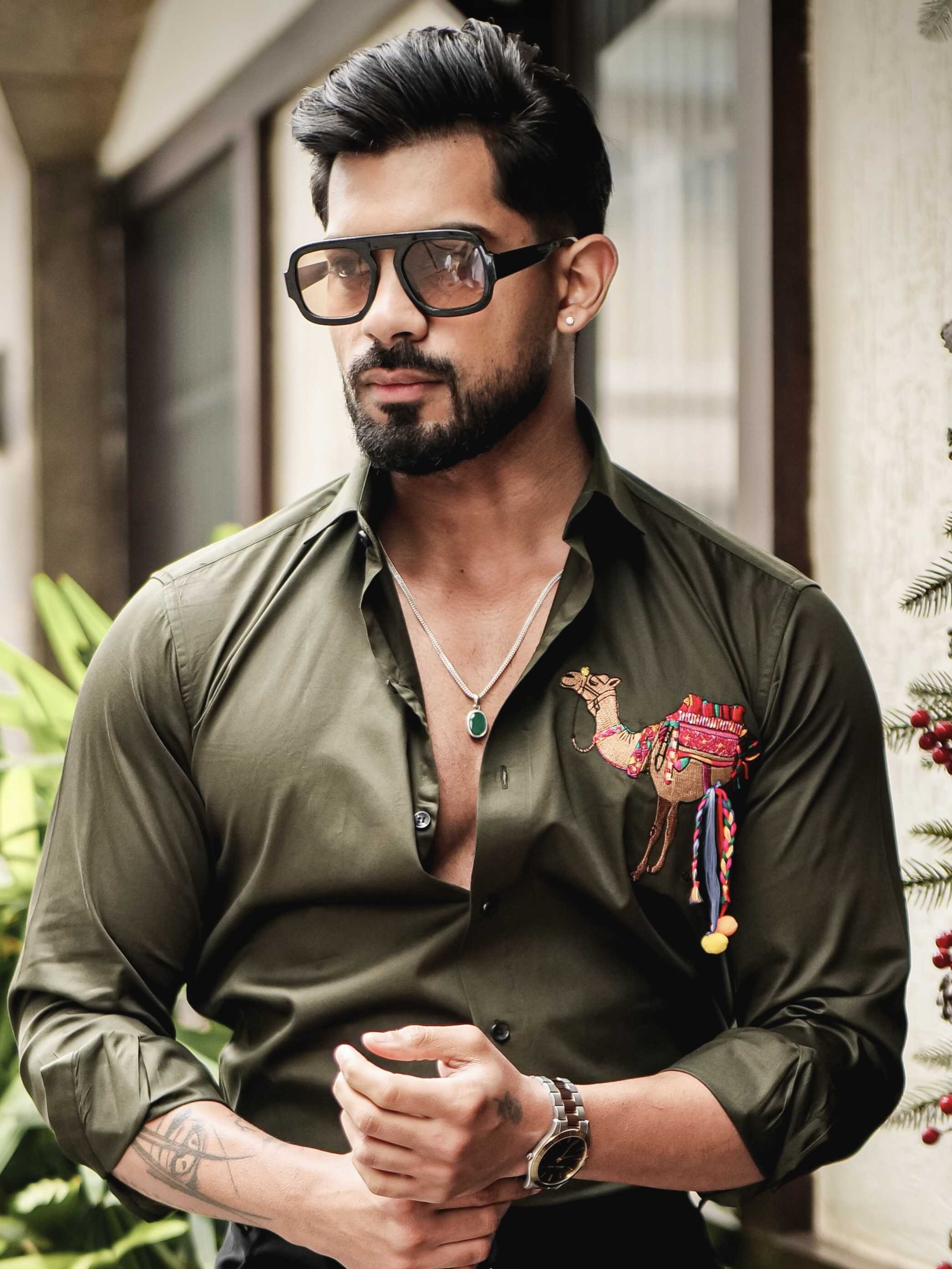 OLIVE CAMEL EMBROIDERED DESIGNER SATIN COTTON SHIRT FOR MEN'S