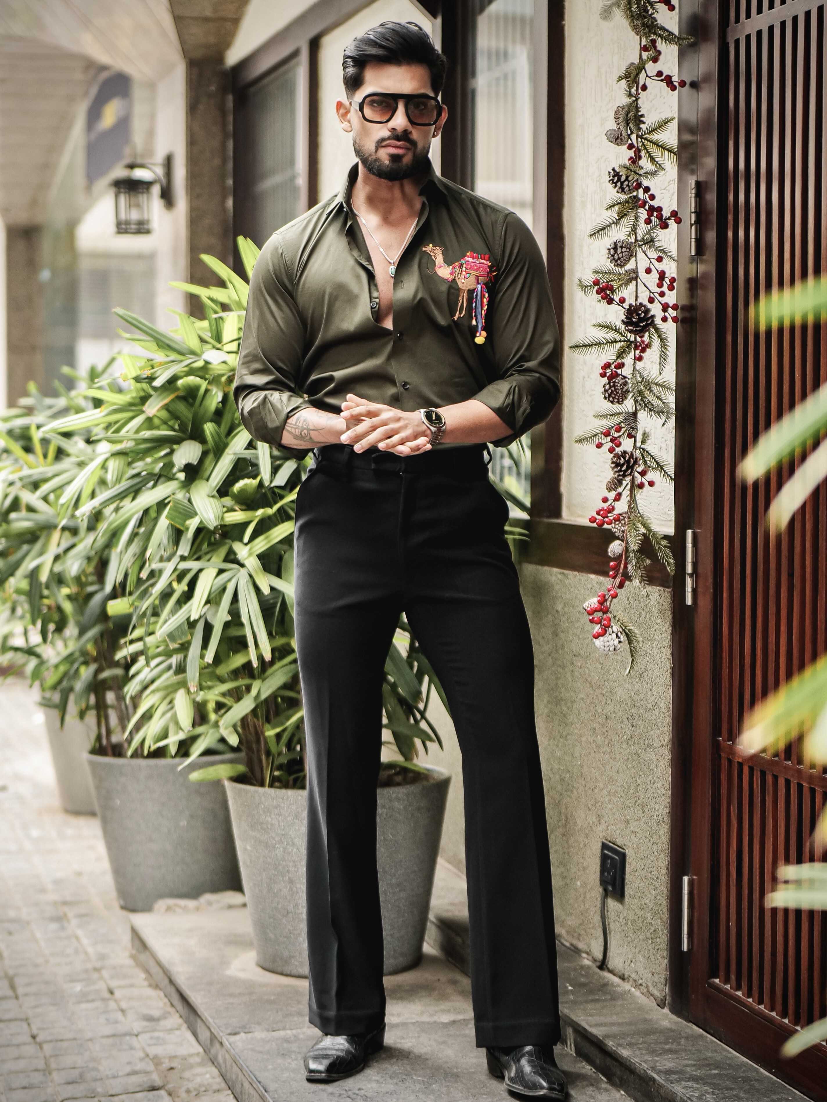 OLIVE CAMEL EMBROIDERED DESIGNER SATIN COTTON SHIRT FOR MEN'S - Image 3