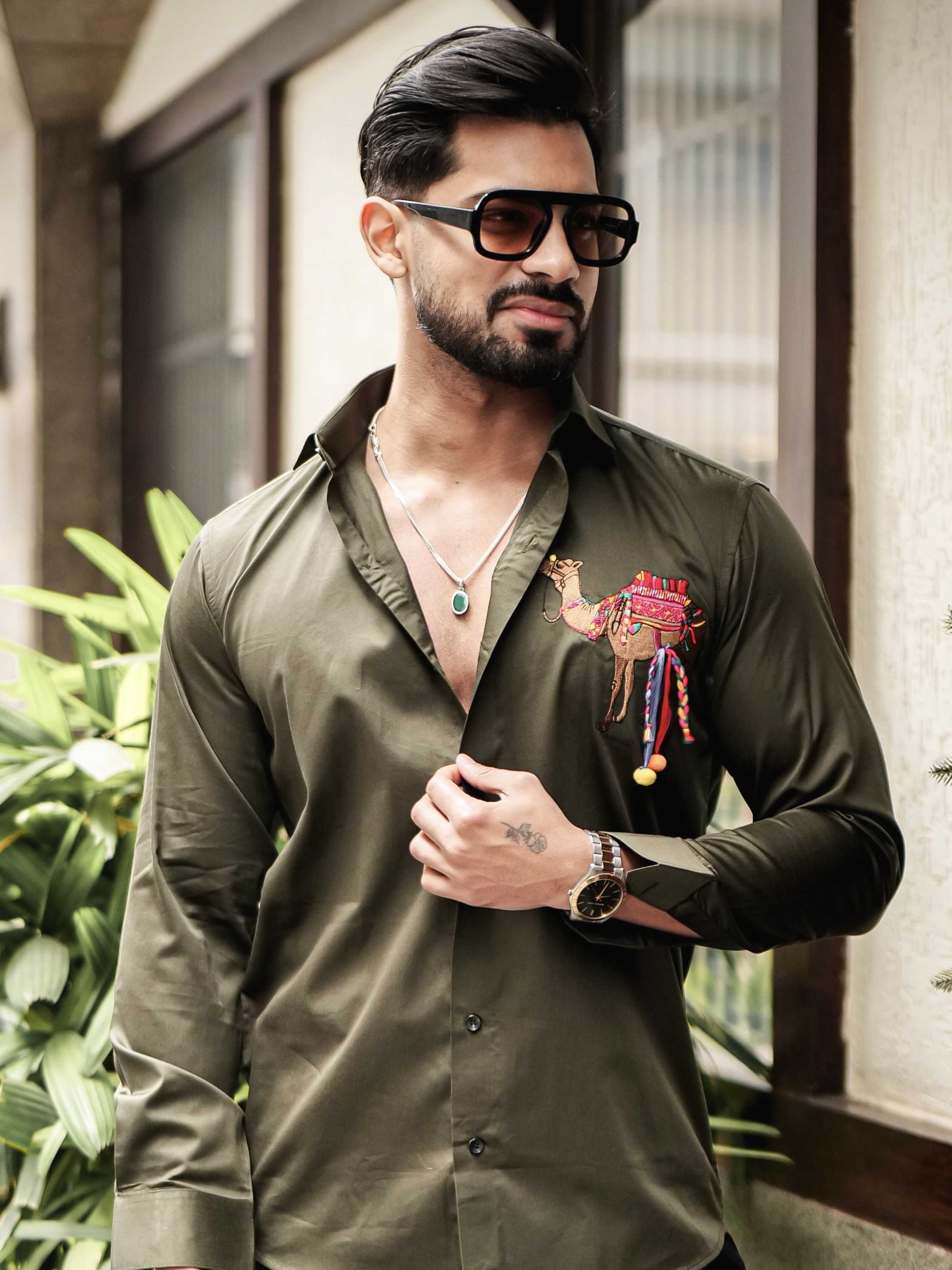 OLIVE CAMEL EMBROIDERED DESIGNER SATIN COTTON SHIRT FOR MEN'S - Image 7