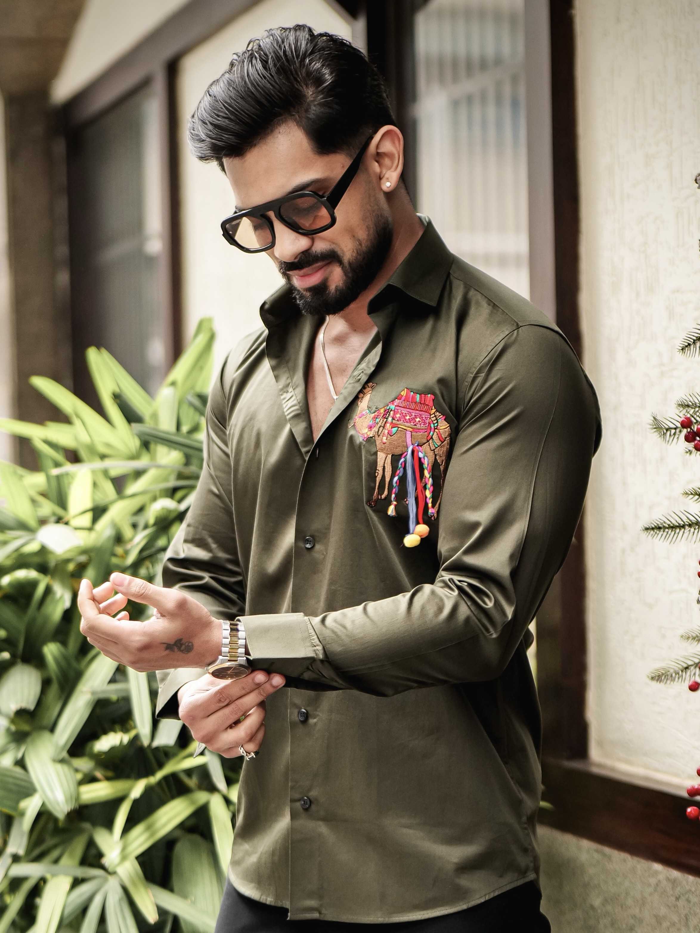 OLIVE CAMEL EMBROIDERED DESIGNER SATIN COTTON SHIRT FOR MEN'S - Image 8