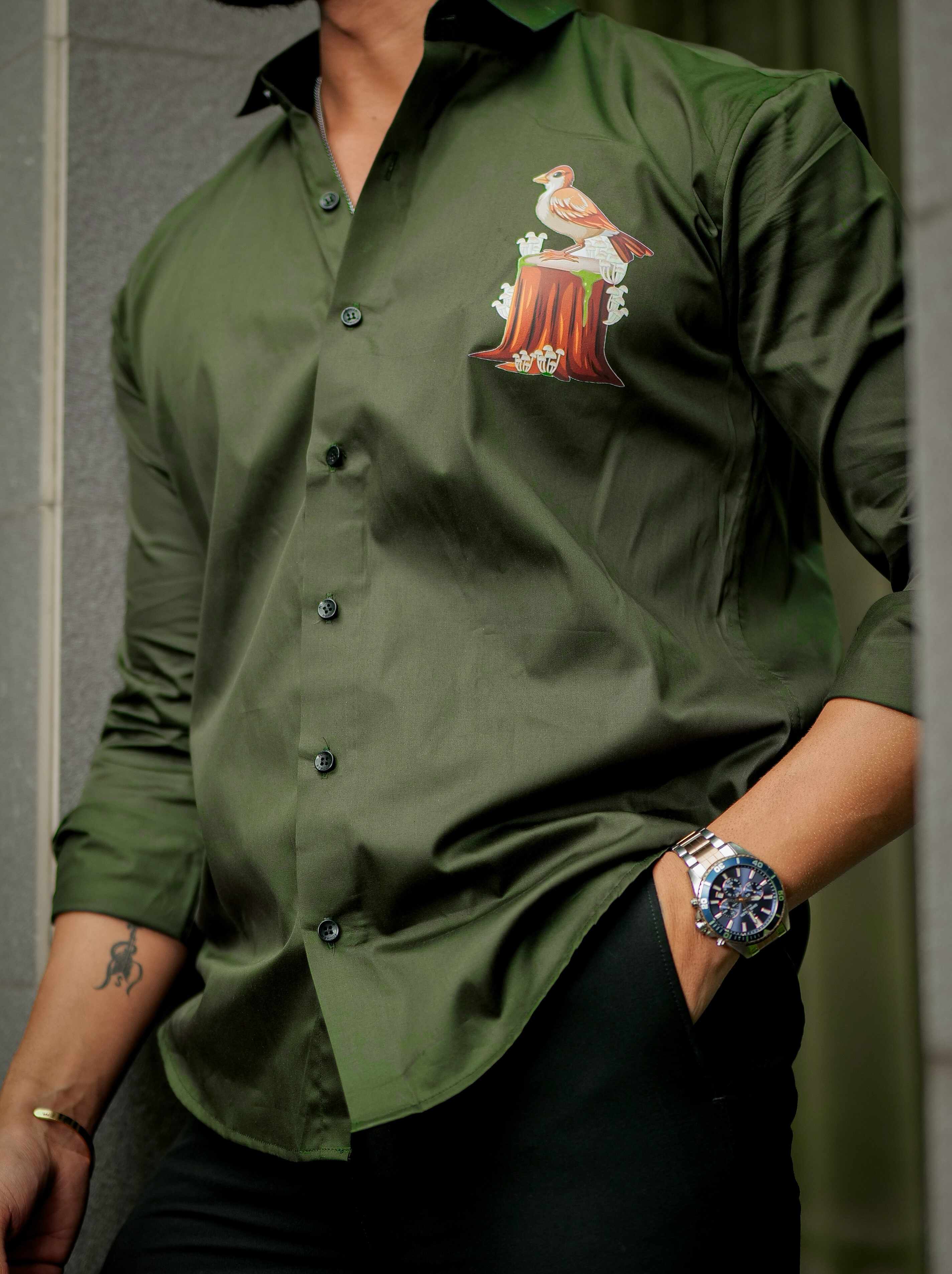 Olive Designer Giza Satin Cotton Shirt - Image 2