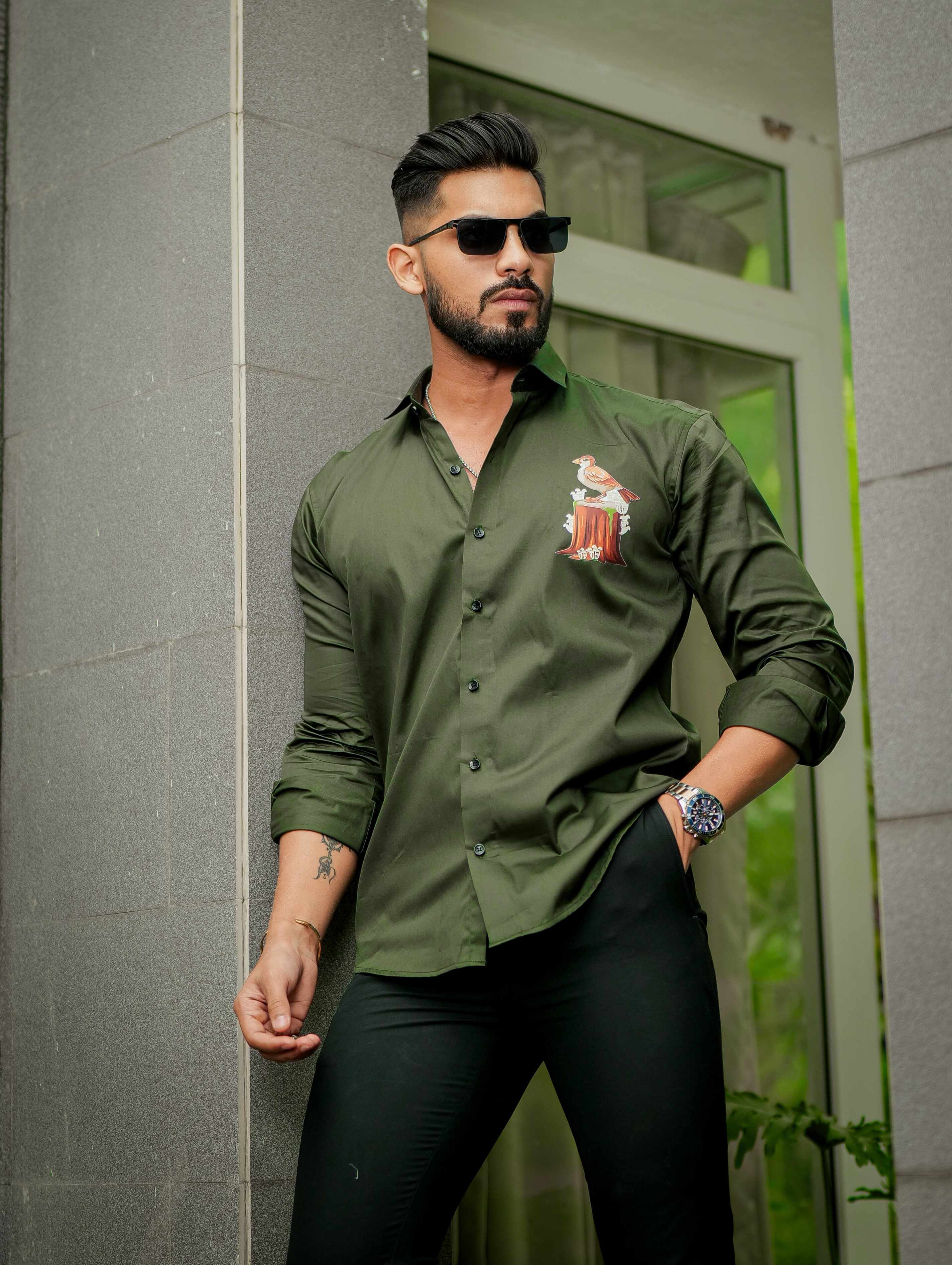 Olive Designer Giza Satin Cotton Shirt - Image 4