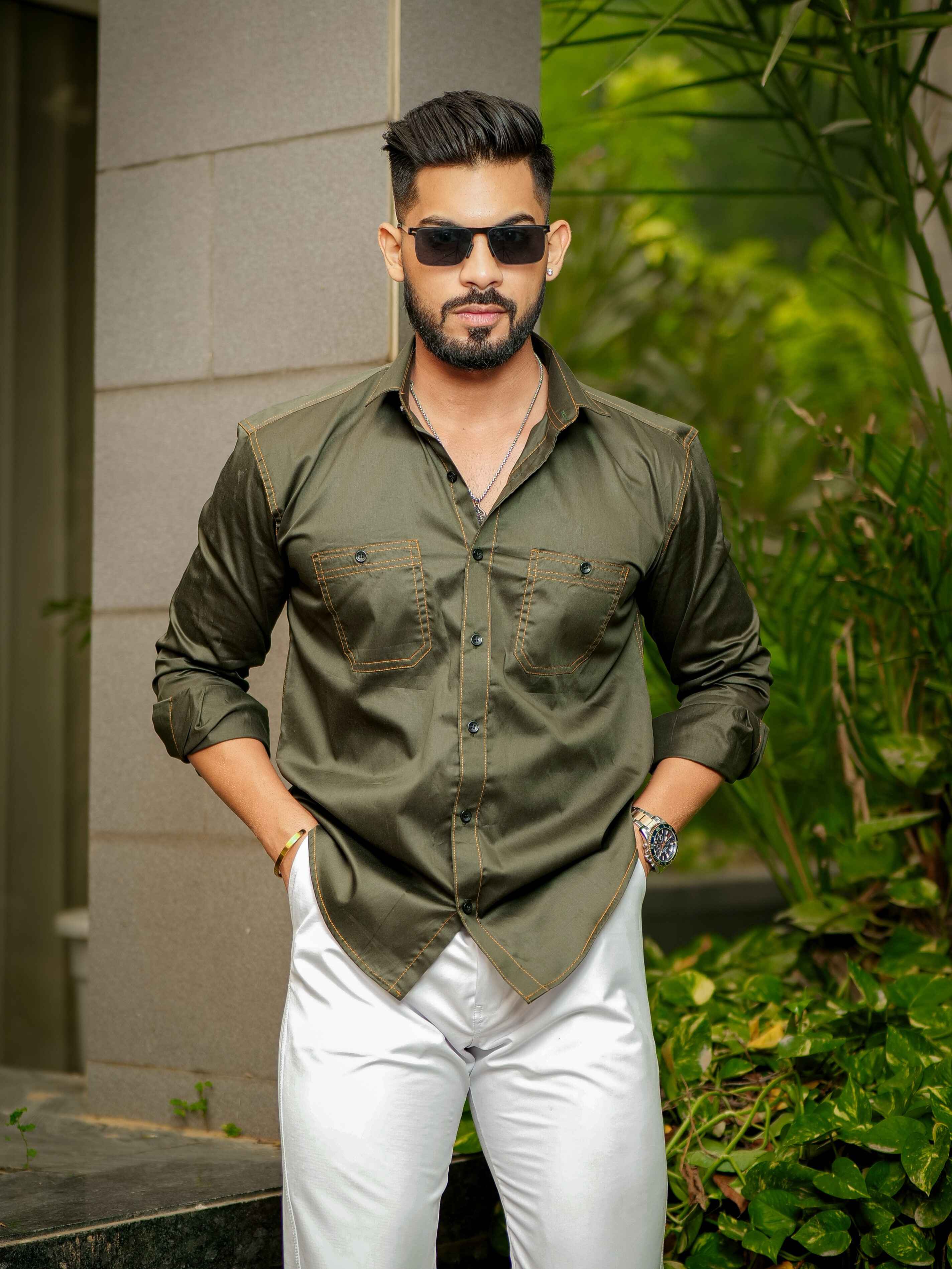 Olive Designer Giza Satin Cotton Shirt - Image 2