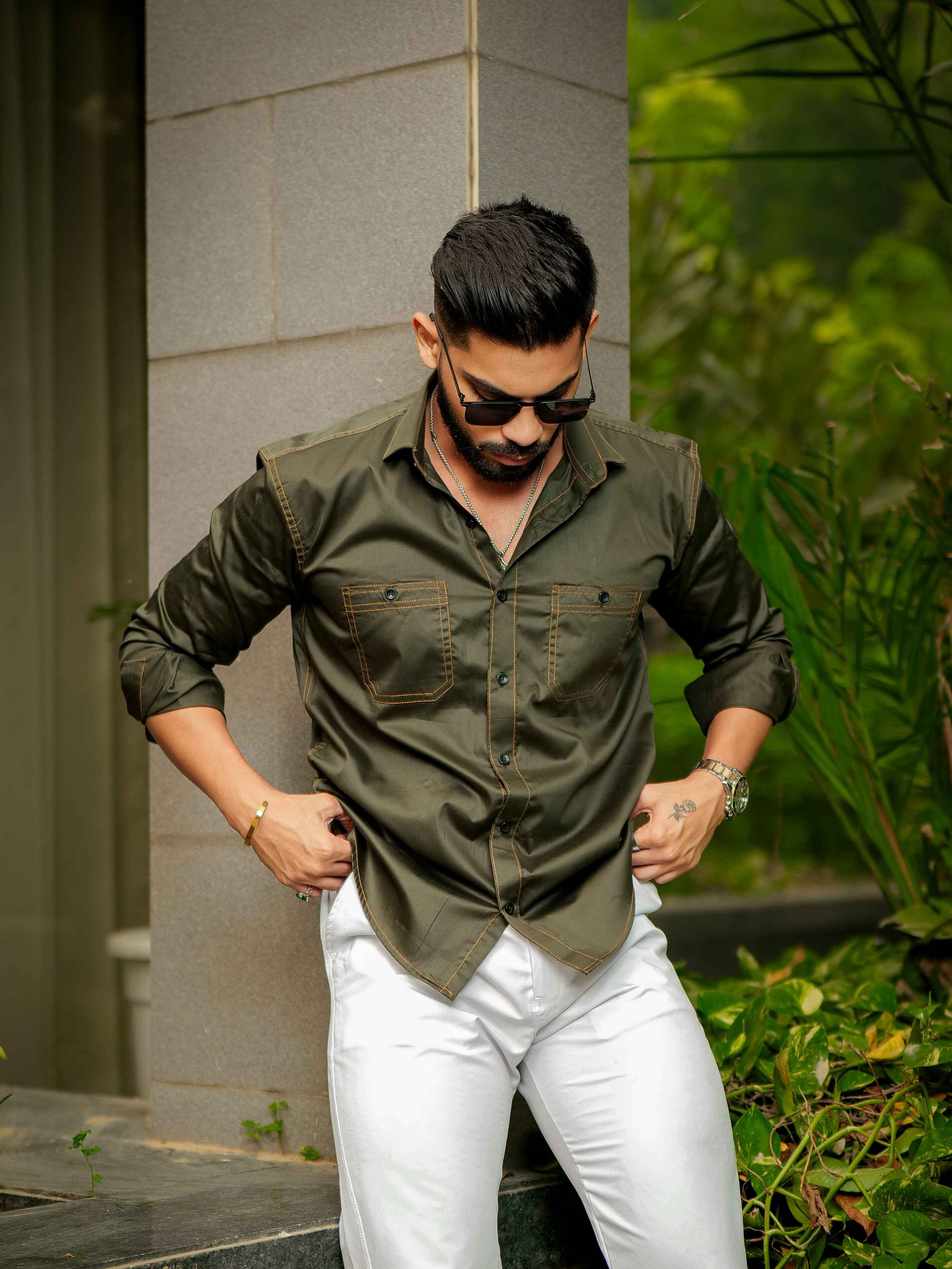 Olive Designer Giza Satin Cotton Shirt - Image 5