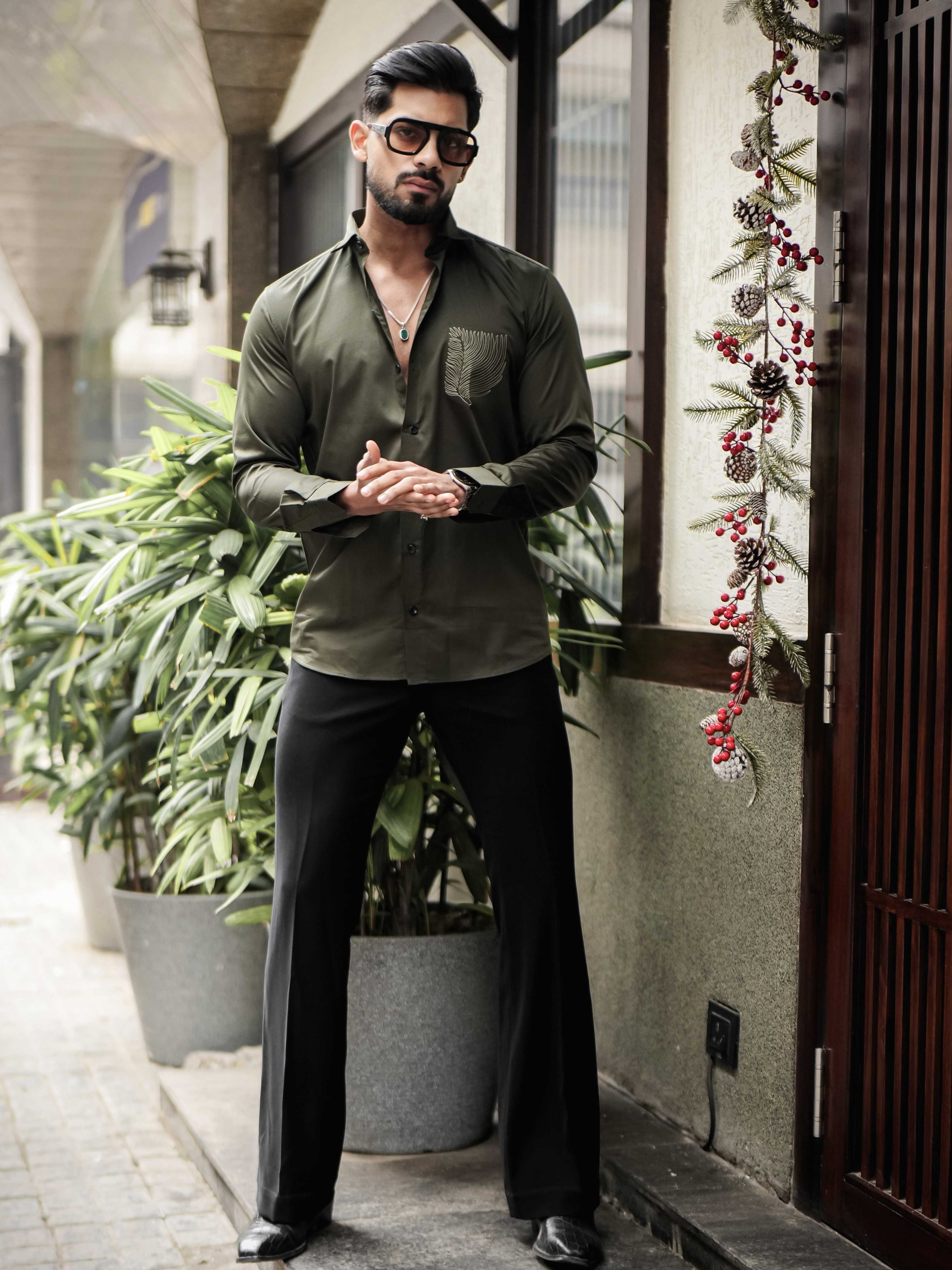 OLIVE EMBROIDERED DESIGNER SATIN COTTON SHIRT FOR MEN'S - Image 5