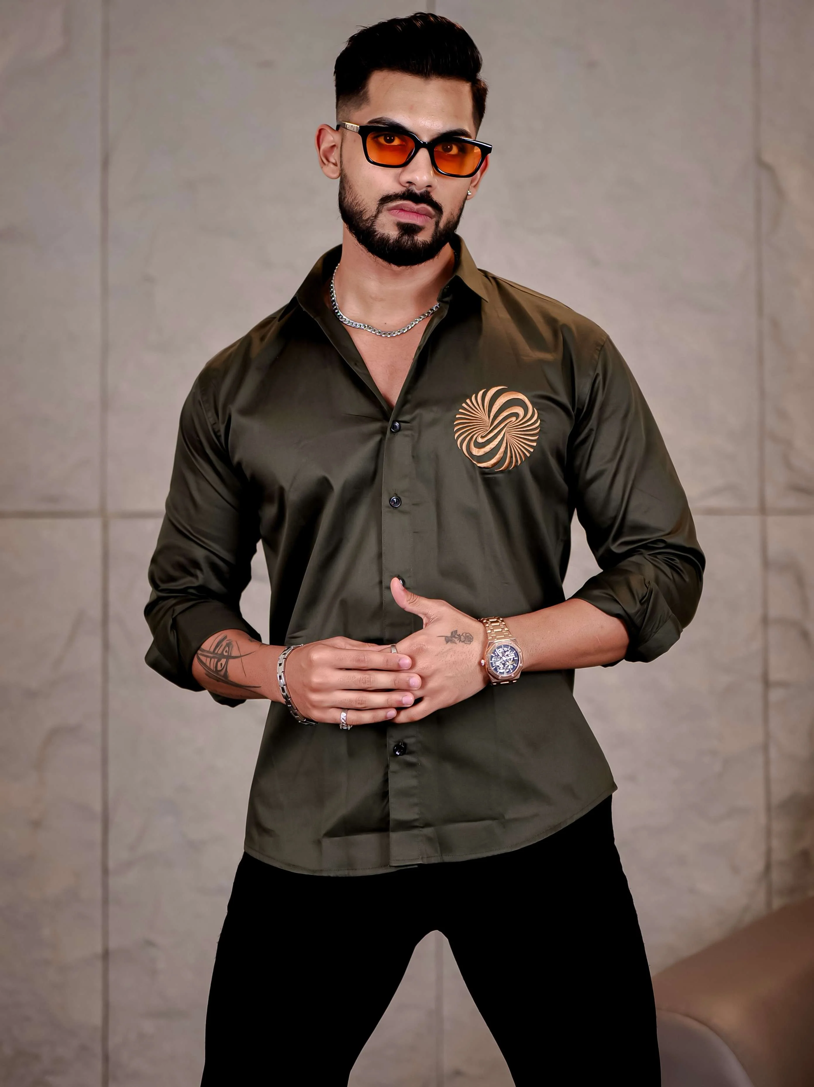 Olive Green Money Attract Embroidered Premium Cotton Shirt For Men - Image 3