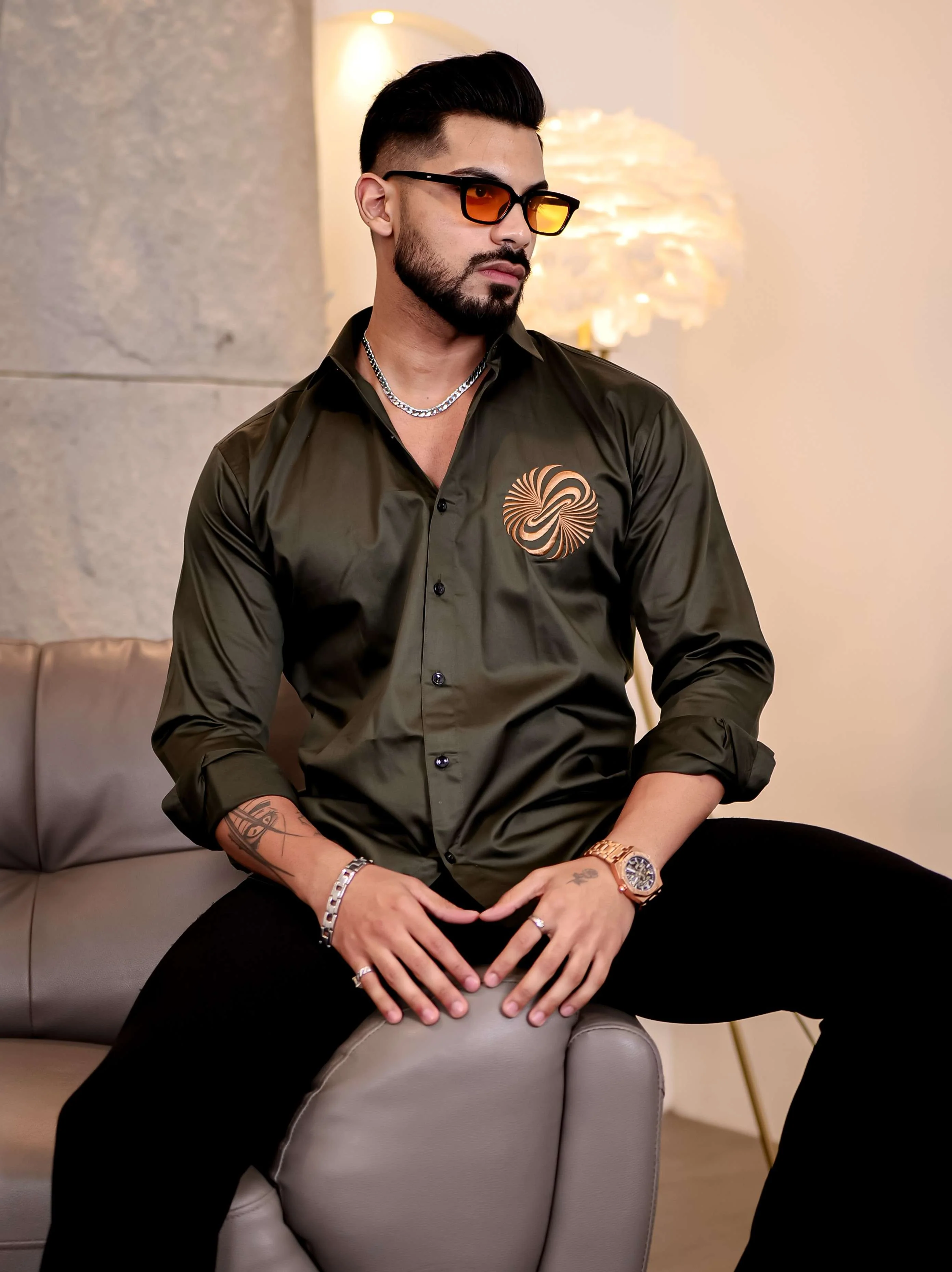 Olive Green Money Attract Embroidered Premium Cotton Shirt For Men - Image 4