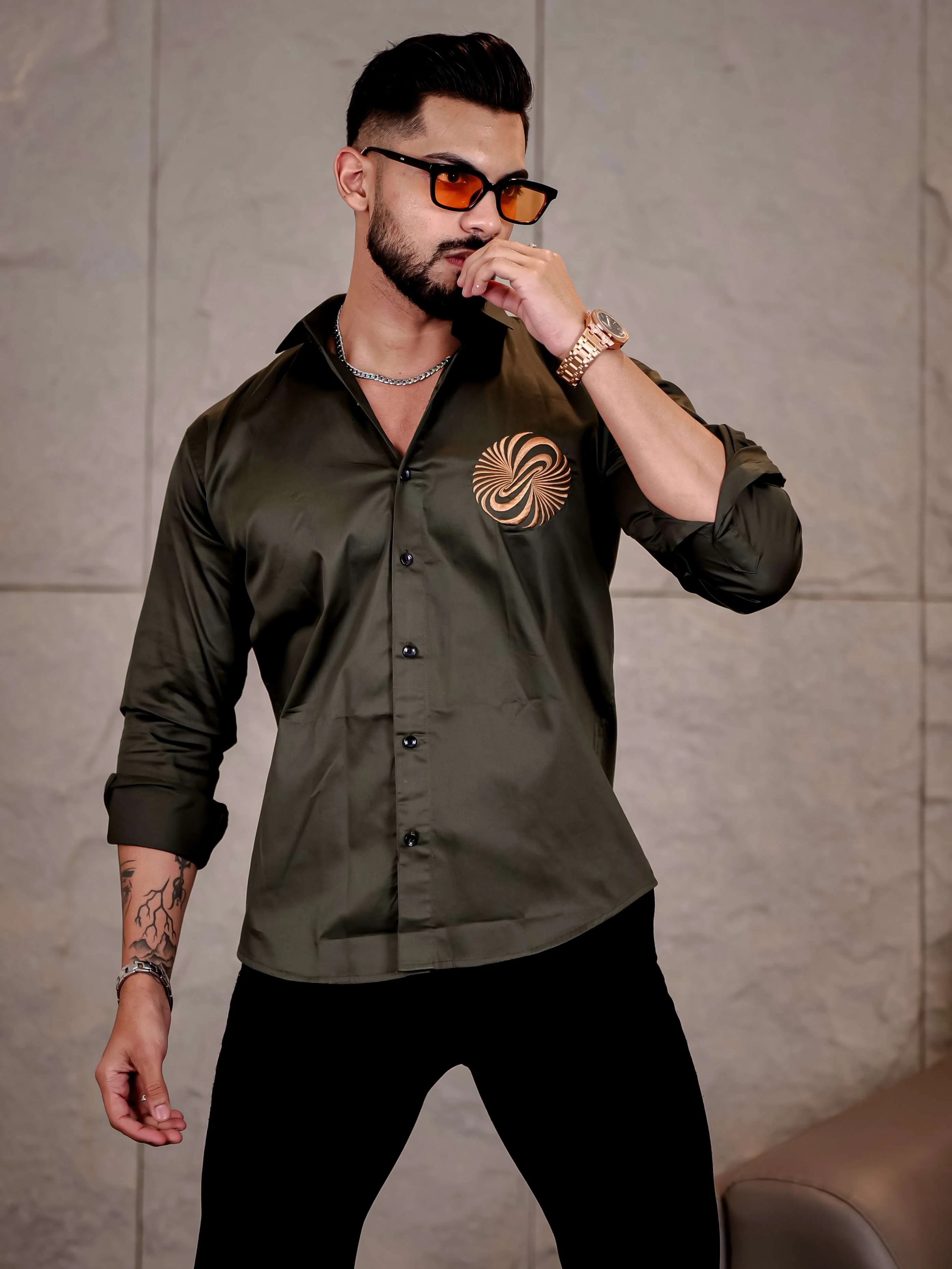 Olive Green Money Attract Embroidered Premium Cotton Shirt For Men - Image 5