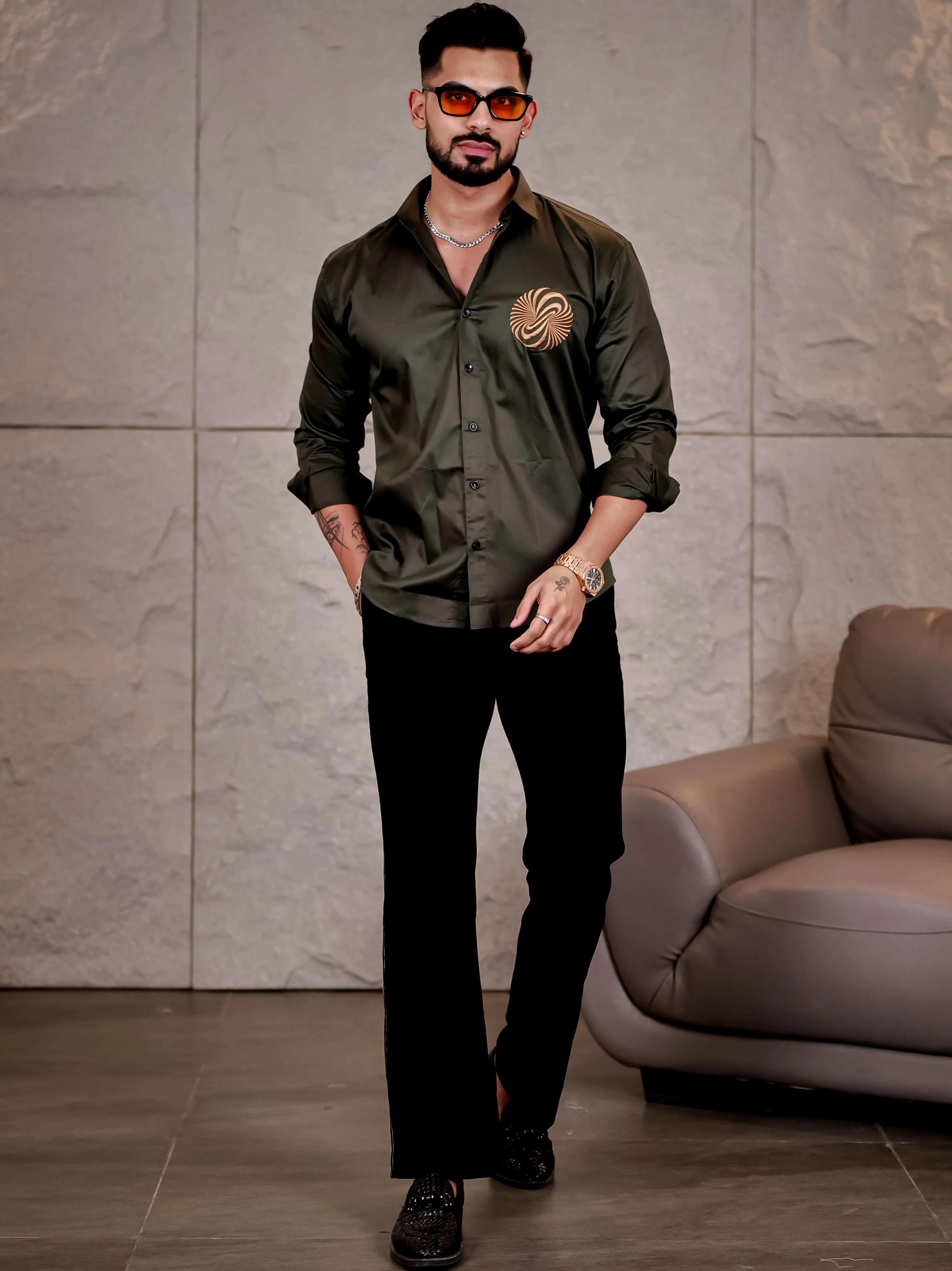 Olive Green Money Attract Embroidered Premium Cotton Shirt For Men - Image 6