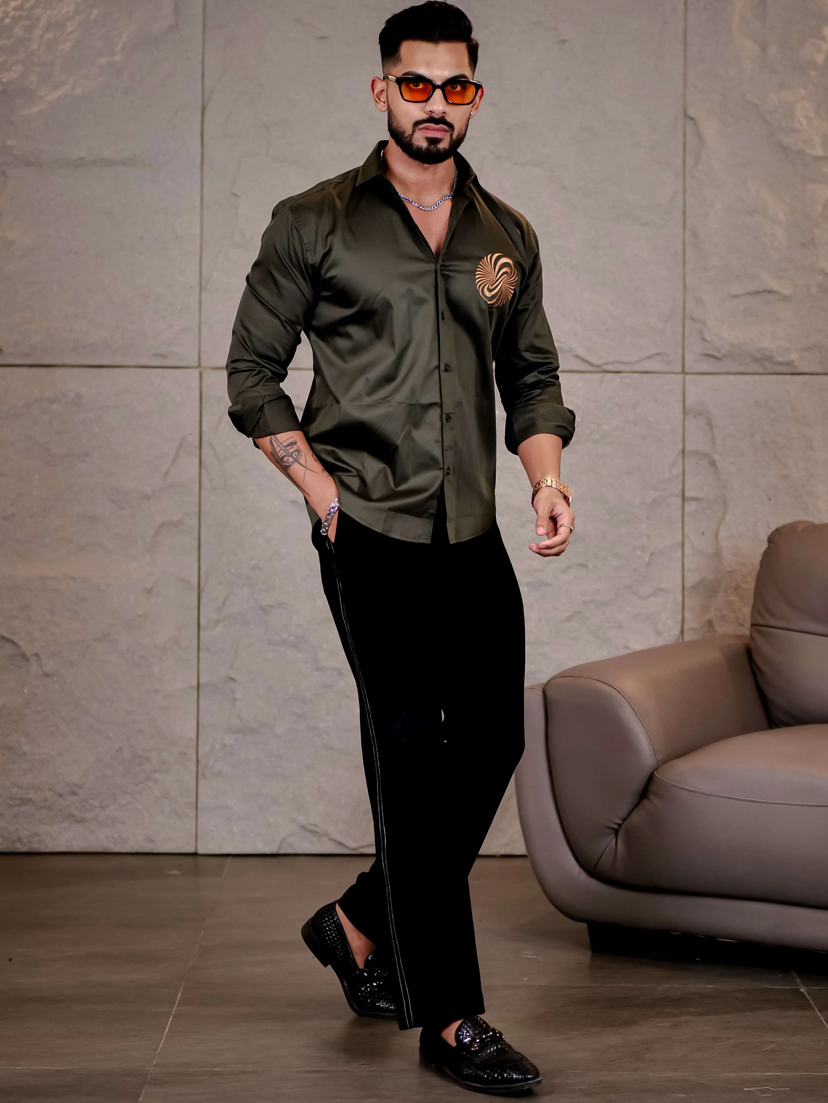 Olive Green Money Attract Embroidered Premium Cotton Shirt For Men - Image 7