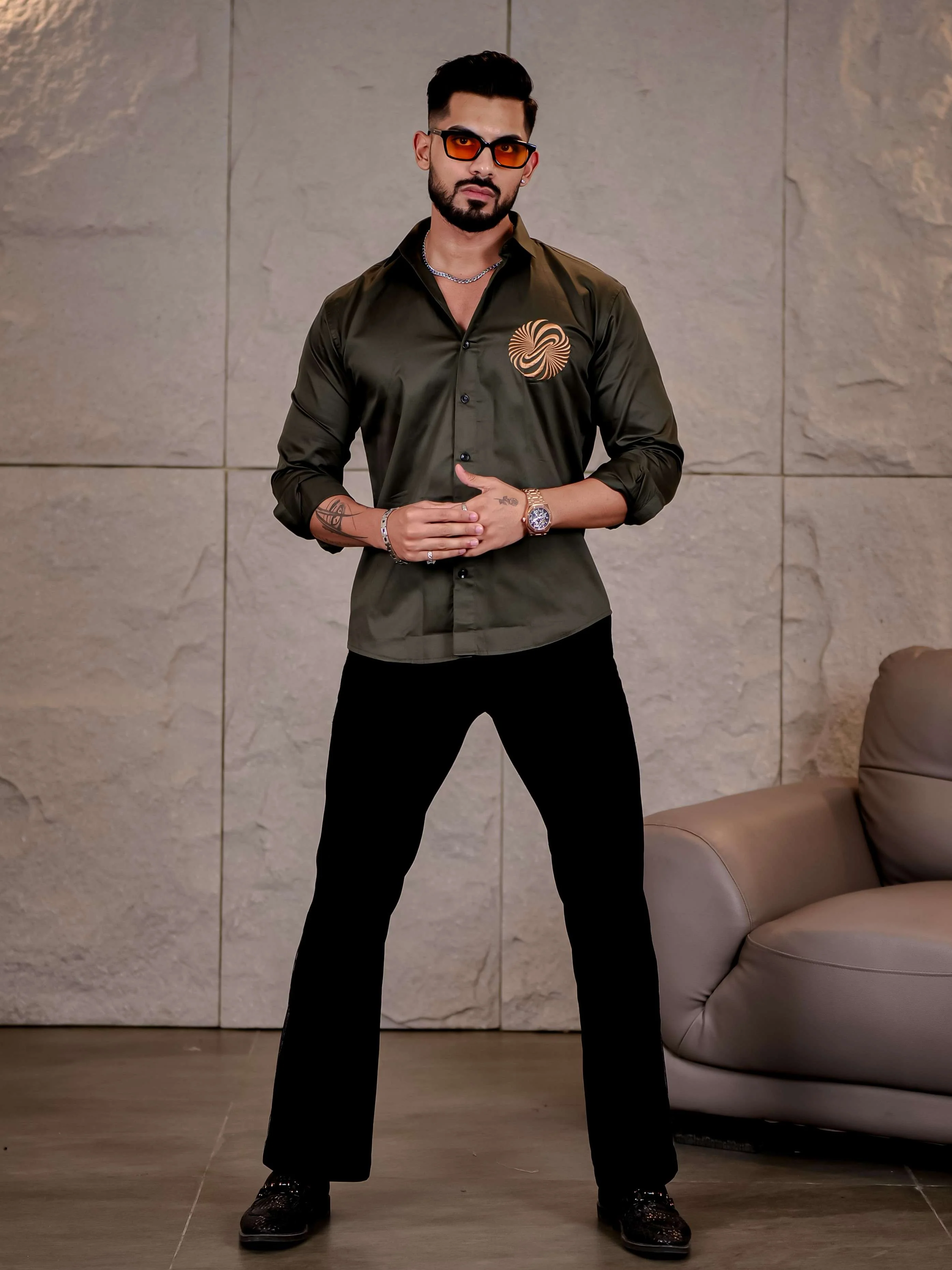 Olive Green Money Attract Embroidered Premium Cotton Shirt For Men - Image 8