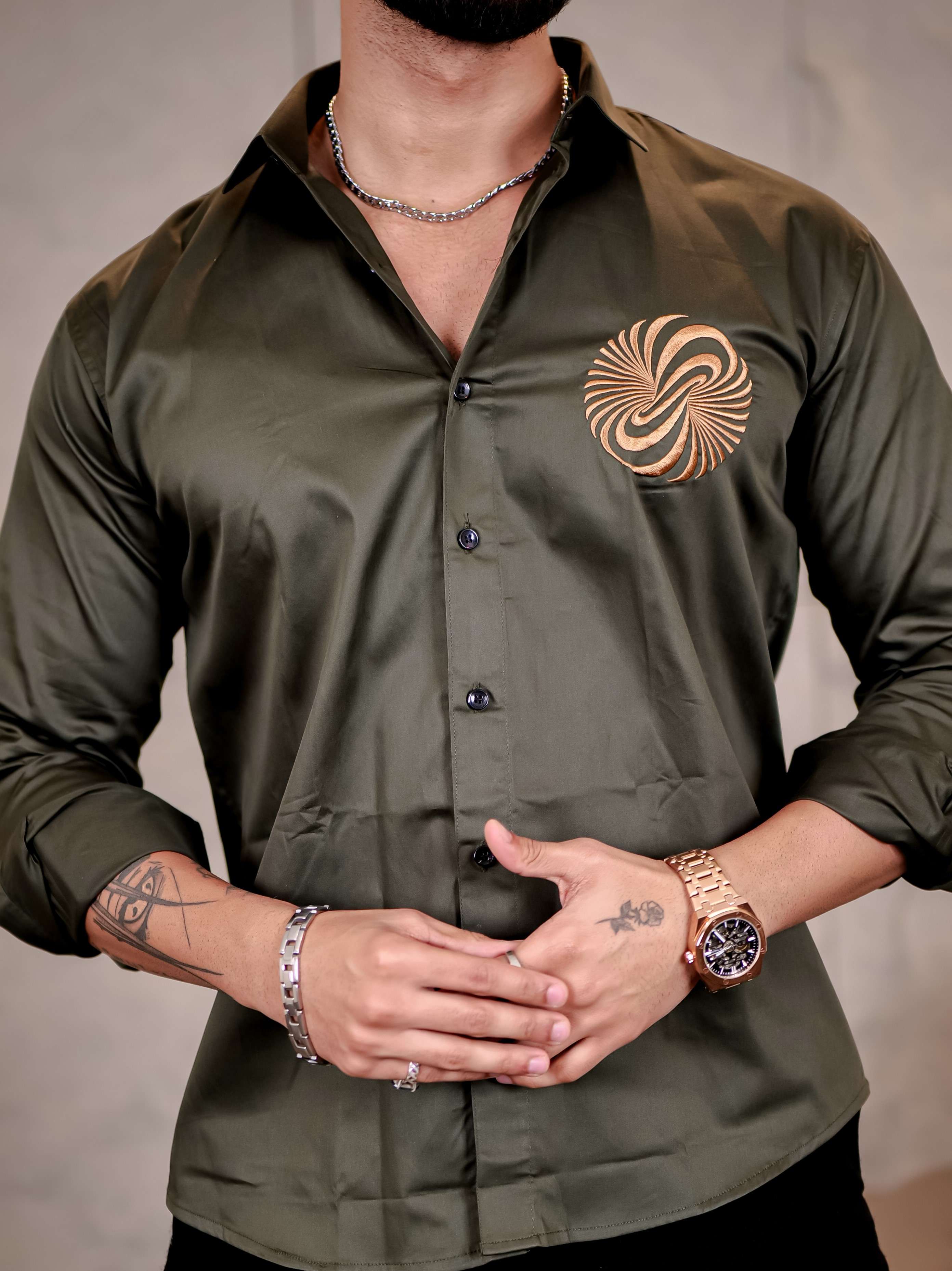 Olive Green Money Attract Embroidered Premium Cotton Shirt For Men - Image 9