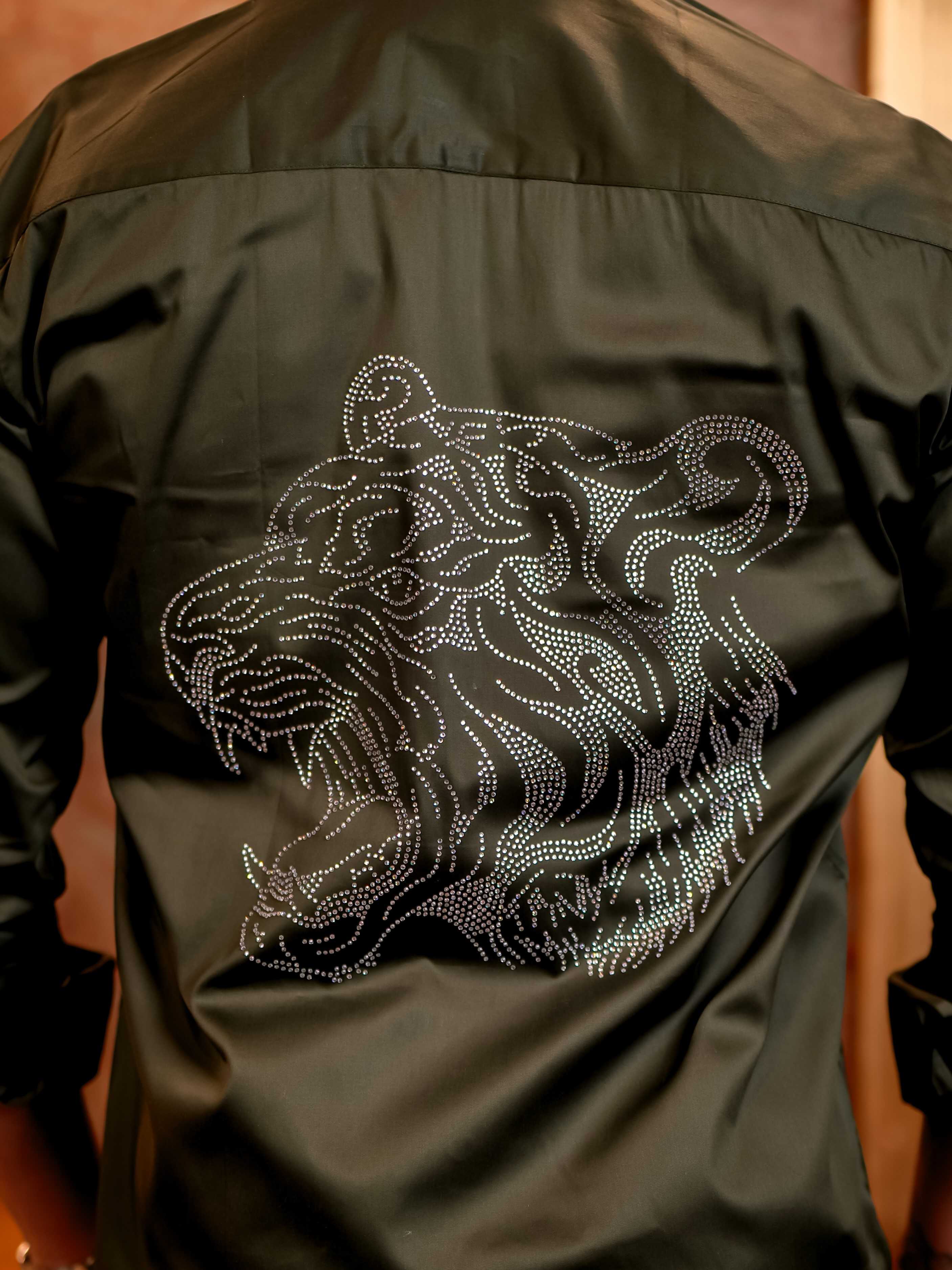 Olive Green Roar Tiger Starry Beaded Satin Cotton Premium Party Shirt - Image 2