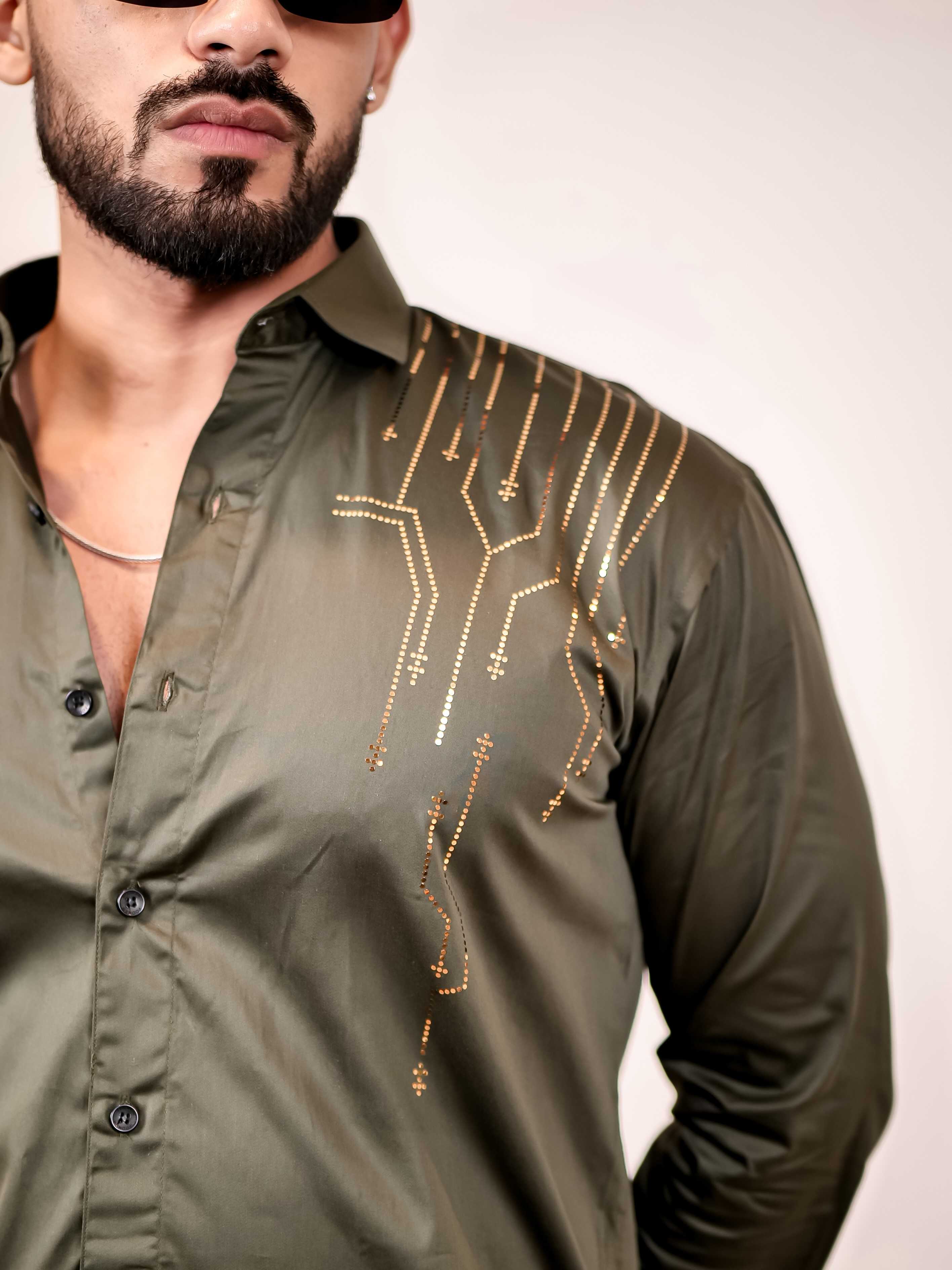 Olive Green Sequence Club Wear Satin Cotton Party Shirt - Image 2