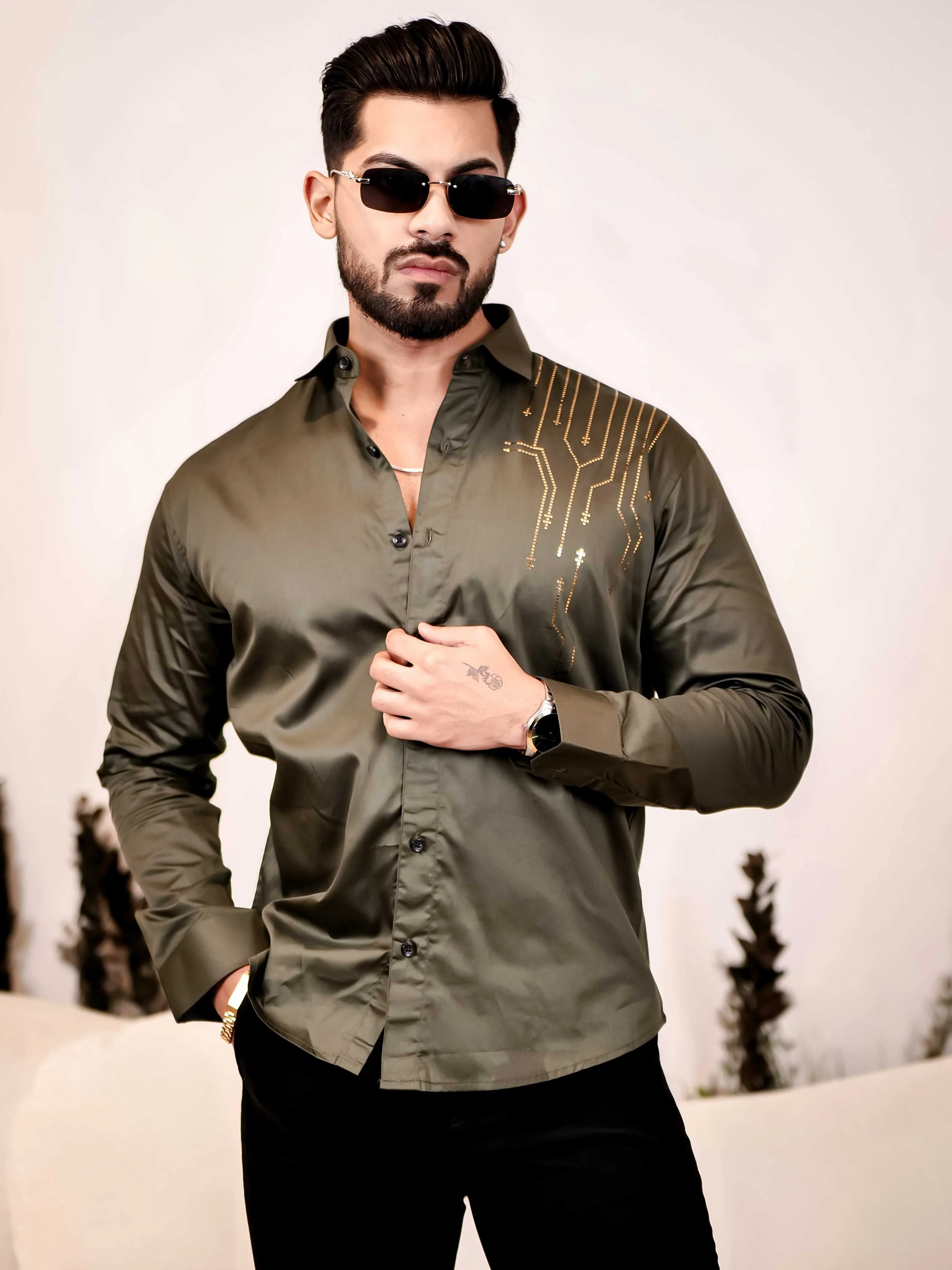 Olive Green Sequence Club Wear Satin Cotton Party Shirt - Image 5