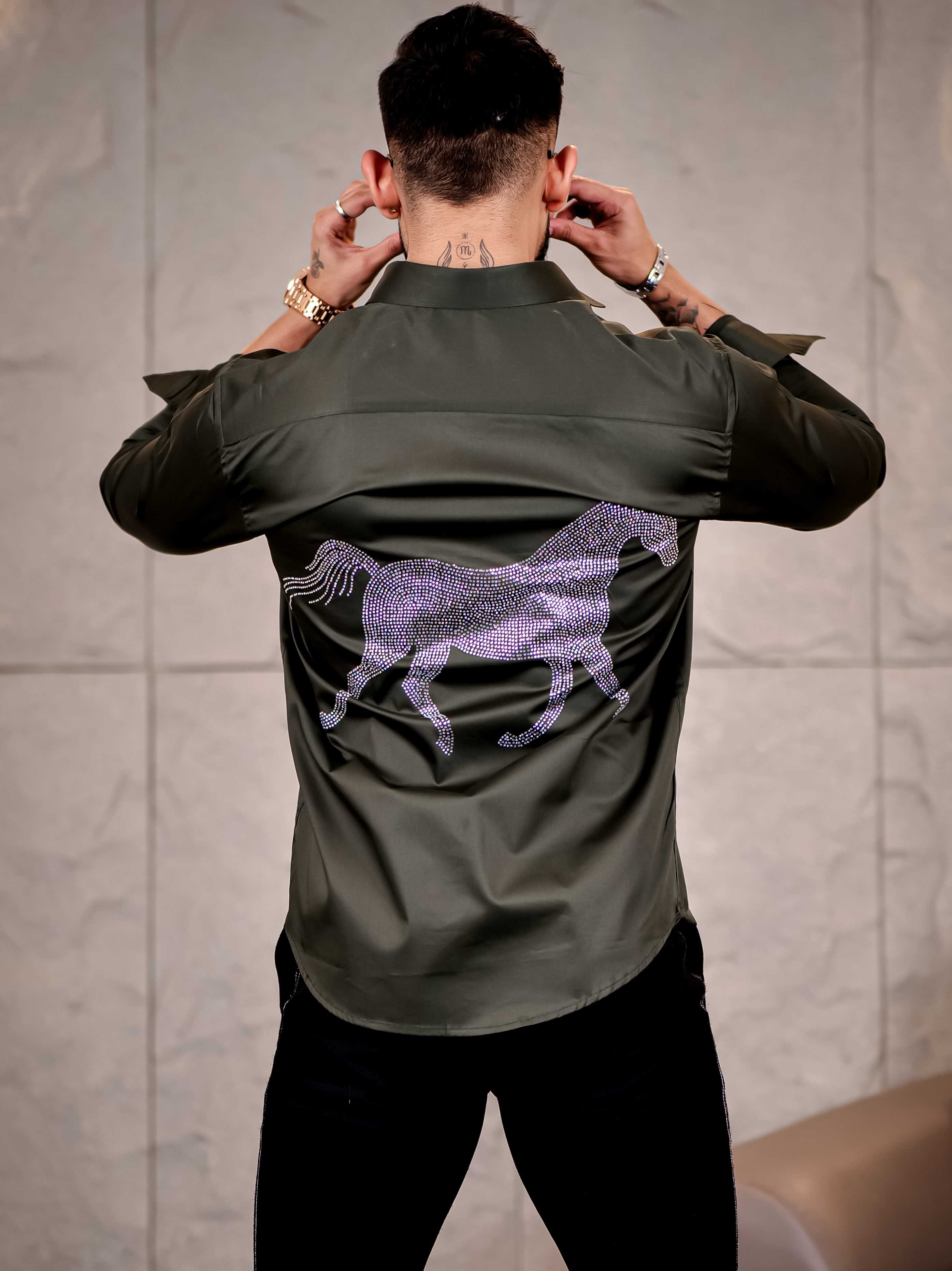 Olive Green Starry Beaded Satin Cotton Premium Party Shirt - Image 5