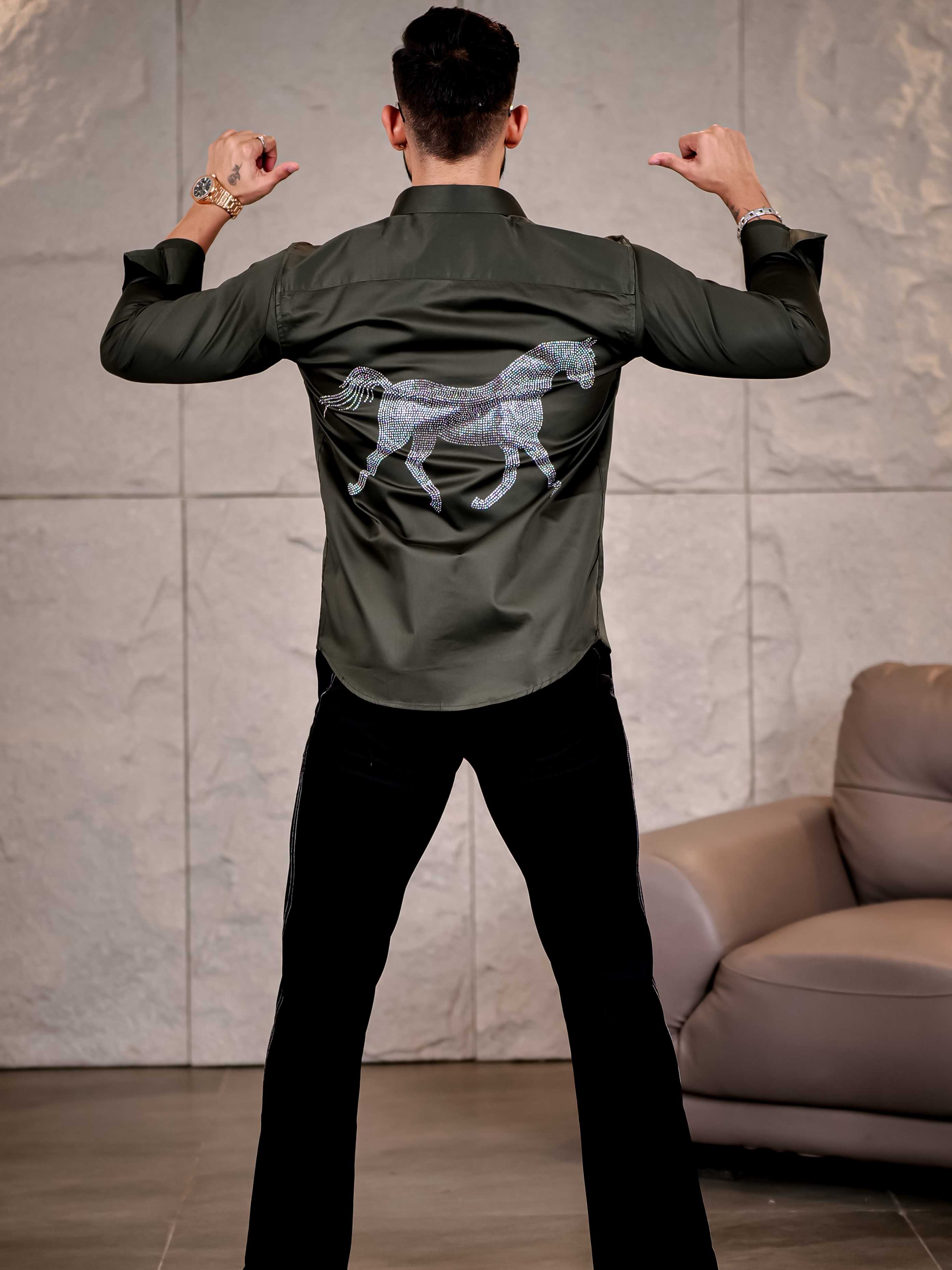 Olive Green Starry Beaded Satin Cotton Premium Party Shirt - Image 6