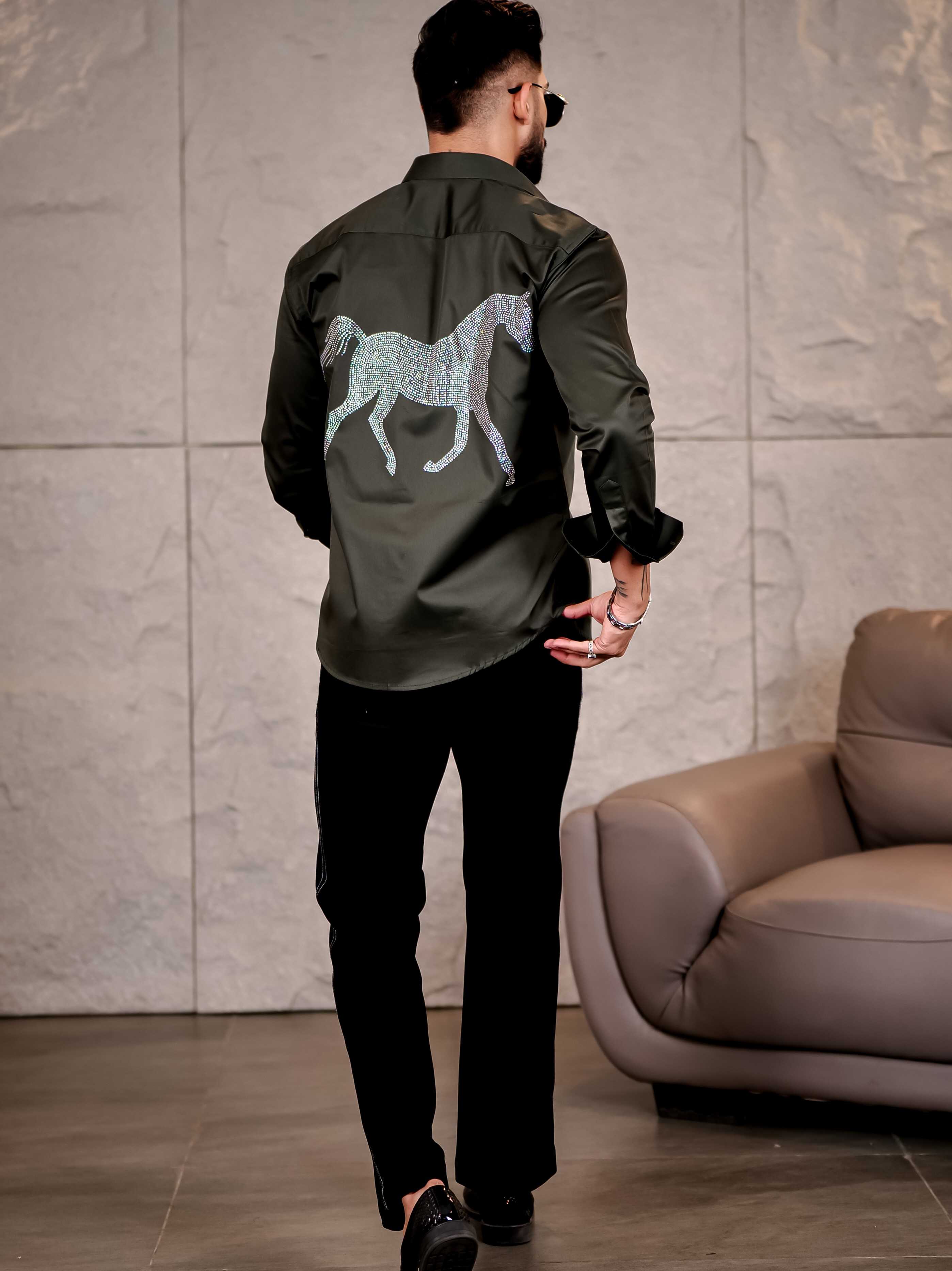 Olive Green Starry Beaded Satin Cotton Premium Party Shirt - Image 7