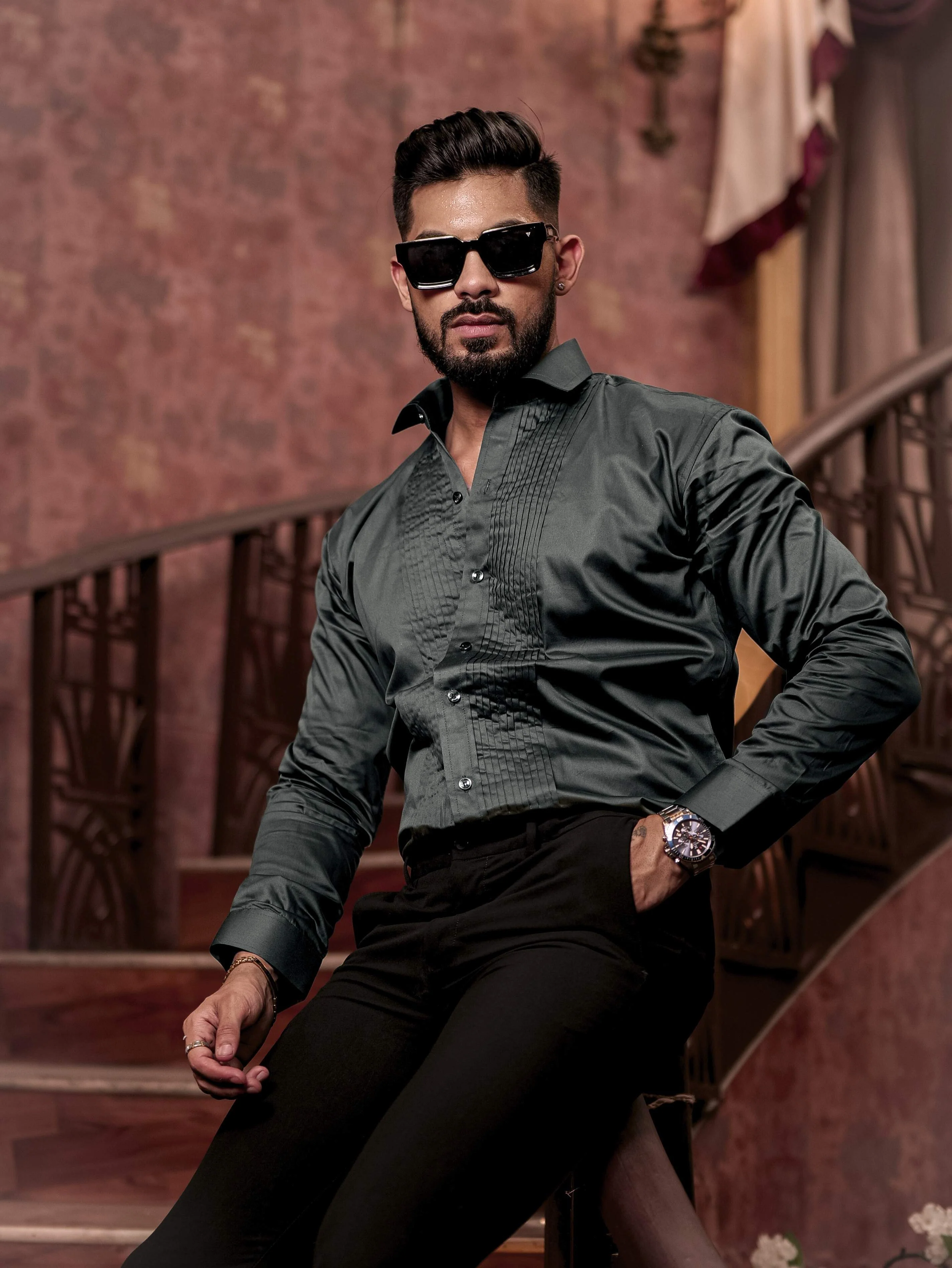 Olive Green Subtle Sheen Tuxedo Premium Giza Satin Cotton Shirt - Image 3