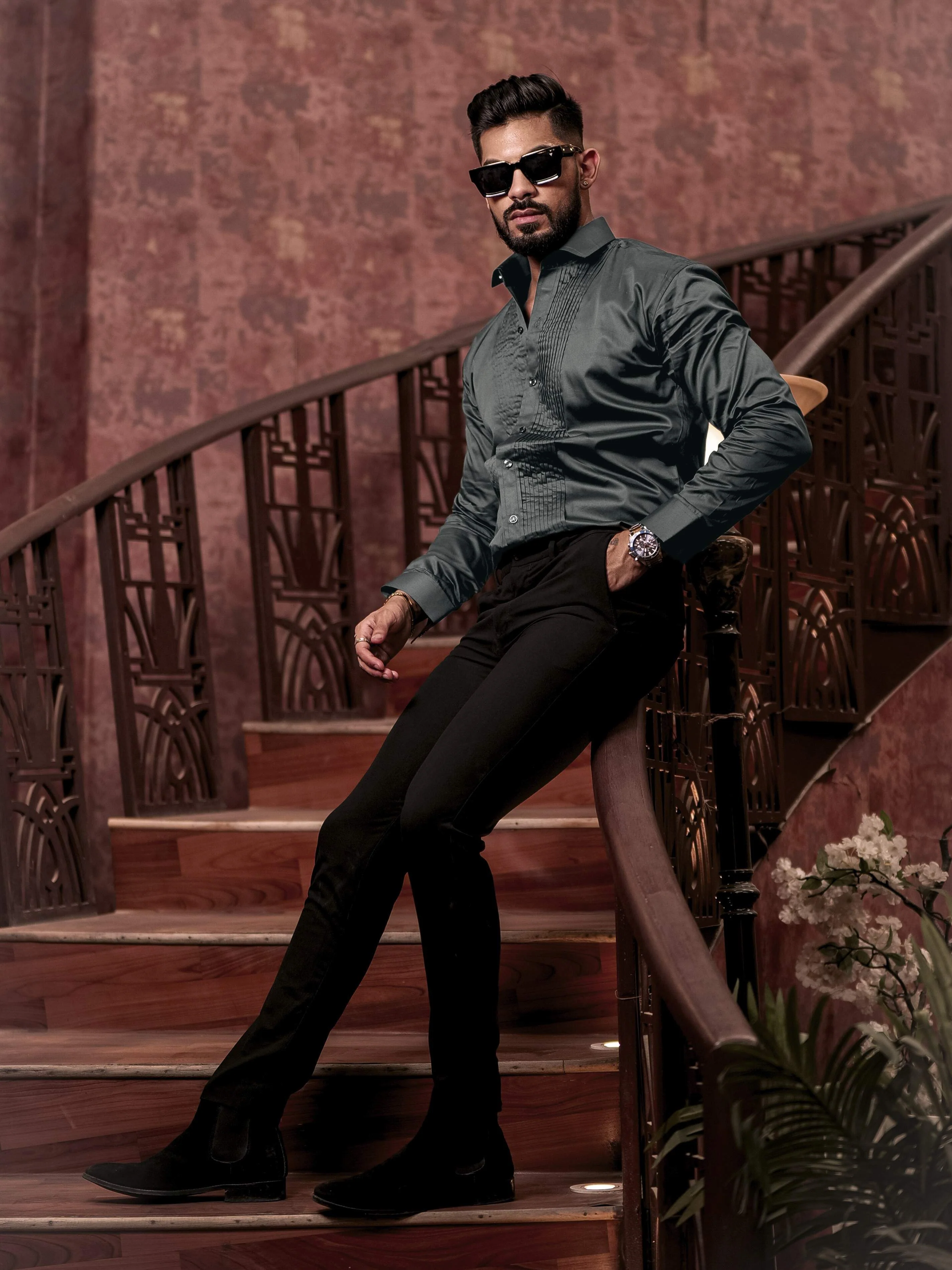 Olive Green Subtle Sheen Tuxedo Premium Giza Satin Cotton Shirt - Image 4