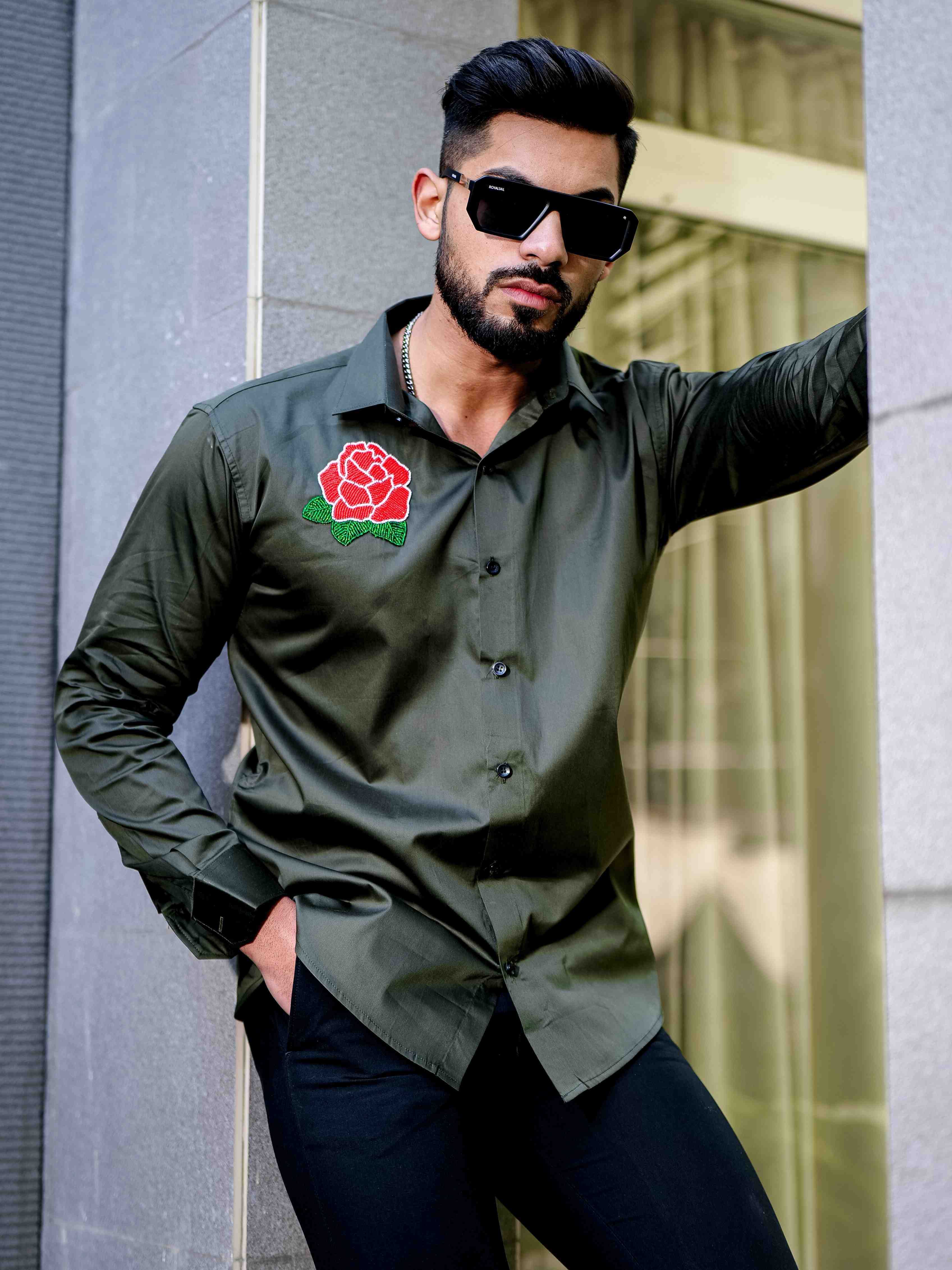 Olive Rhinestone Party Satin Cotton Premium Shirt - Image 10