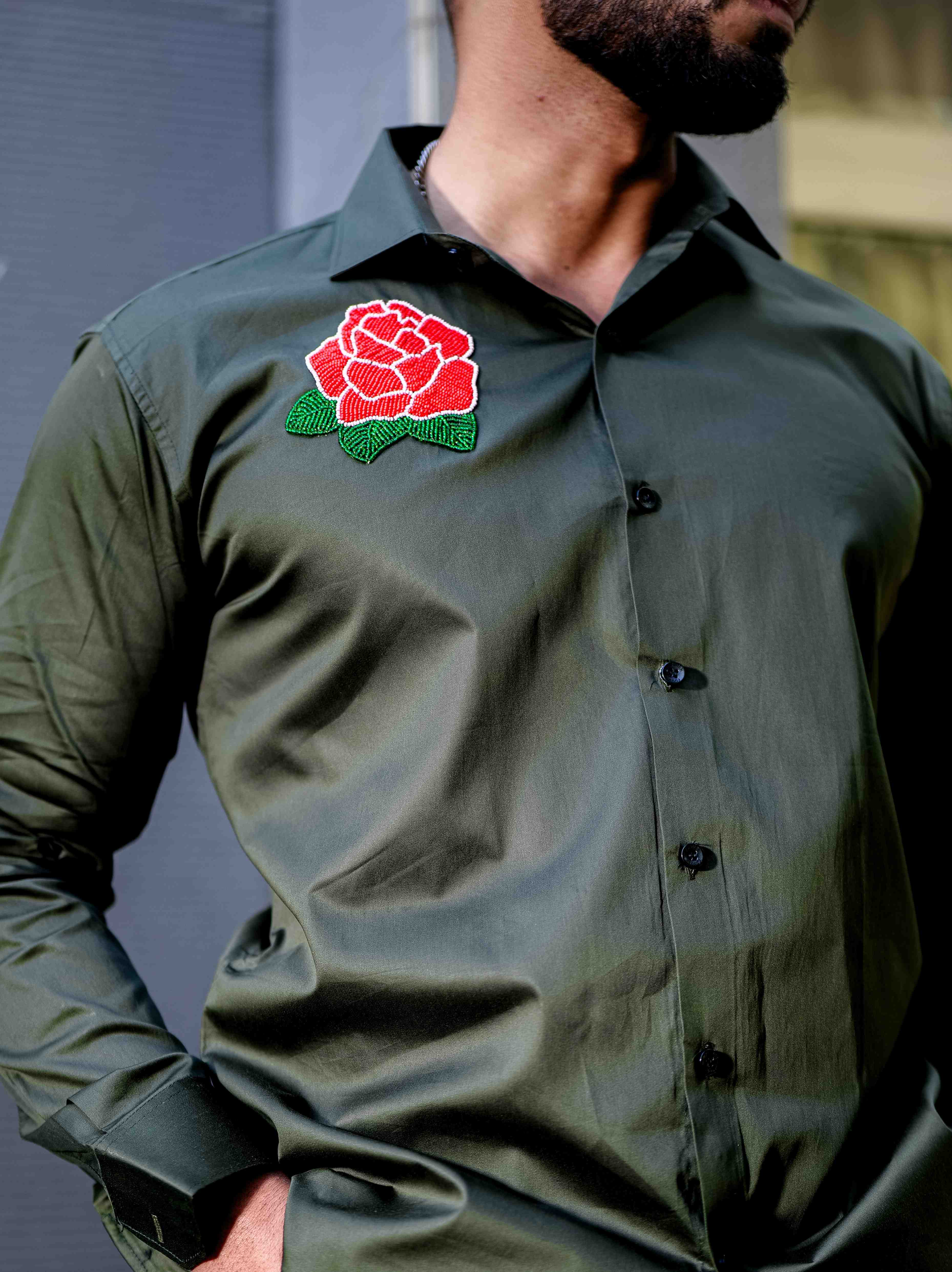 Olive Rhinestone Party Satin Cotton Premium Shirt - Image 3
